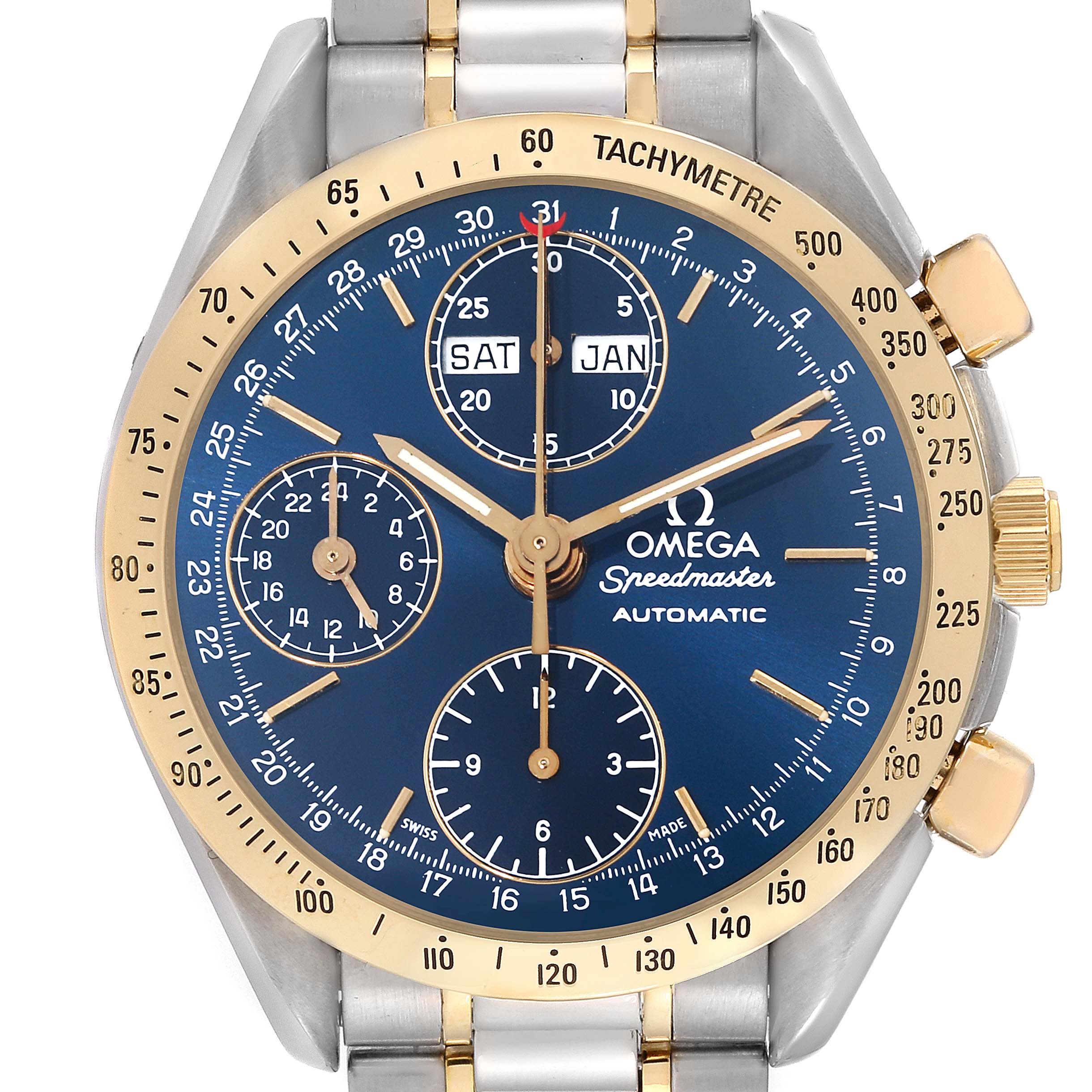 The Omega Speedmaster 3321.80.00 Men's Steel and Gold (two tone) Blue Dial 3321.80.00 Men's Steel and Gold (two tone) Blue Dial watch is shown from the front, displaying its blue dial, gold accents, subdials, and date functions.