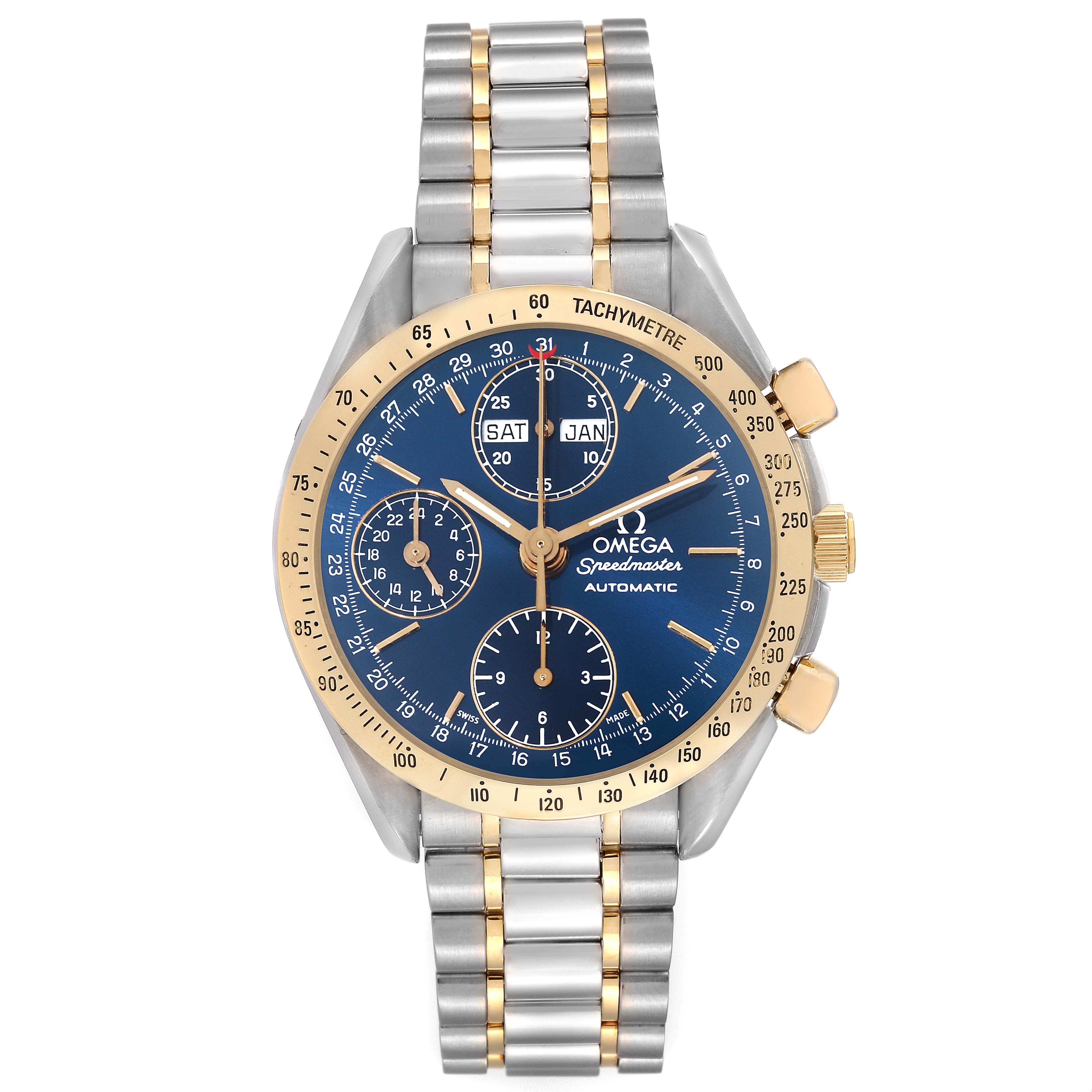 The image shows the front angle of the Omega Speedmaster 3321.80.00 Men's Steel and Gold (two tone) Blue Dial 3321.80.00 Men's Steel and Gold (two tone) Blue Dial watch, highlighting its blue dial, gold tachymeter bezel, and metal bracelet.