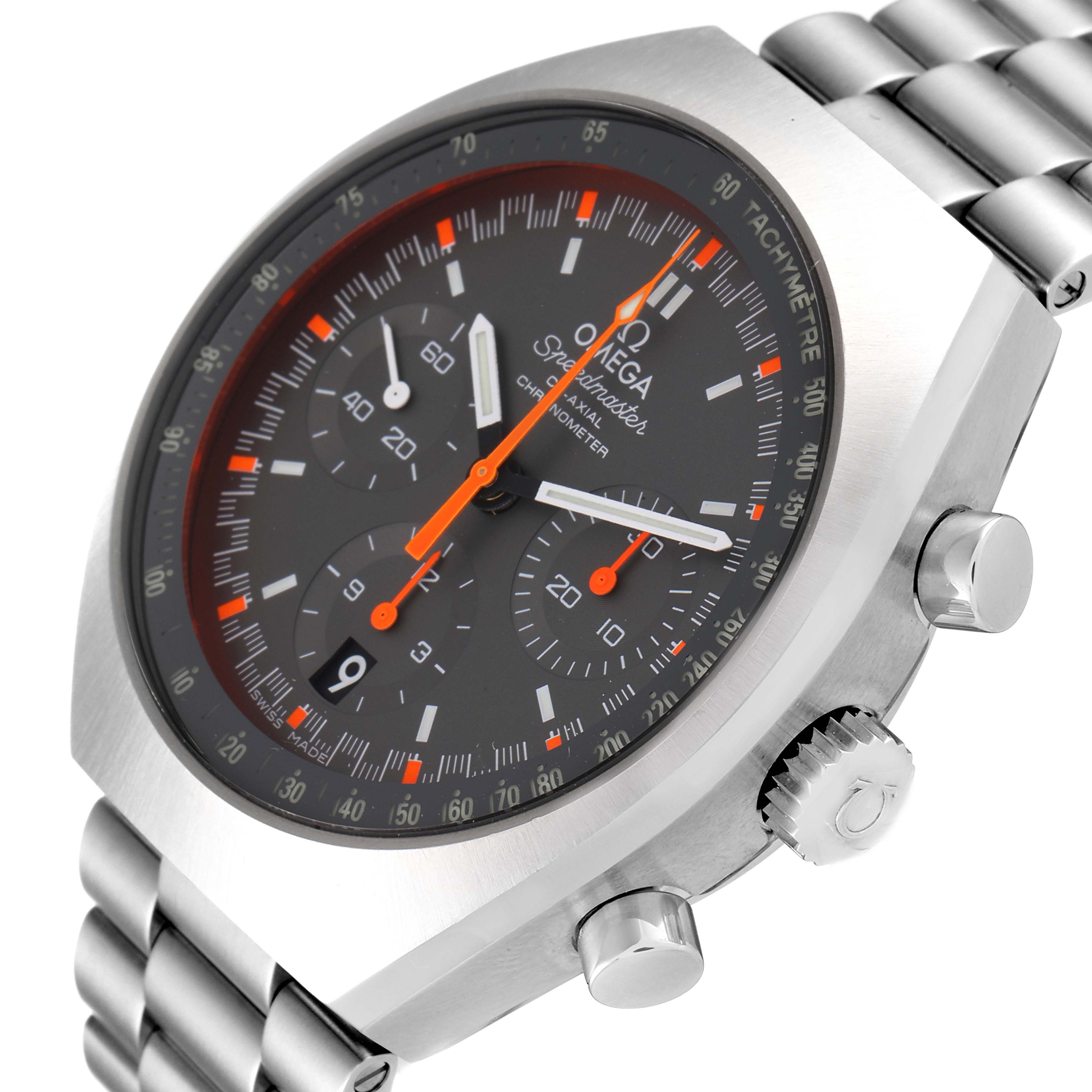 The image shows a close-up side angle of the Omega Speedmaster 327.10.43.50.06.001 Men's Stainless Steel Grey Dial 327.10.43.50.06.001 Men's Stainless Steel Grey Dial watch, focusing on the face, bezel, crown, and bracelet.