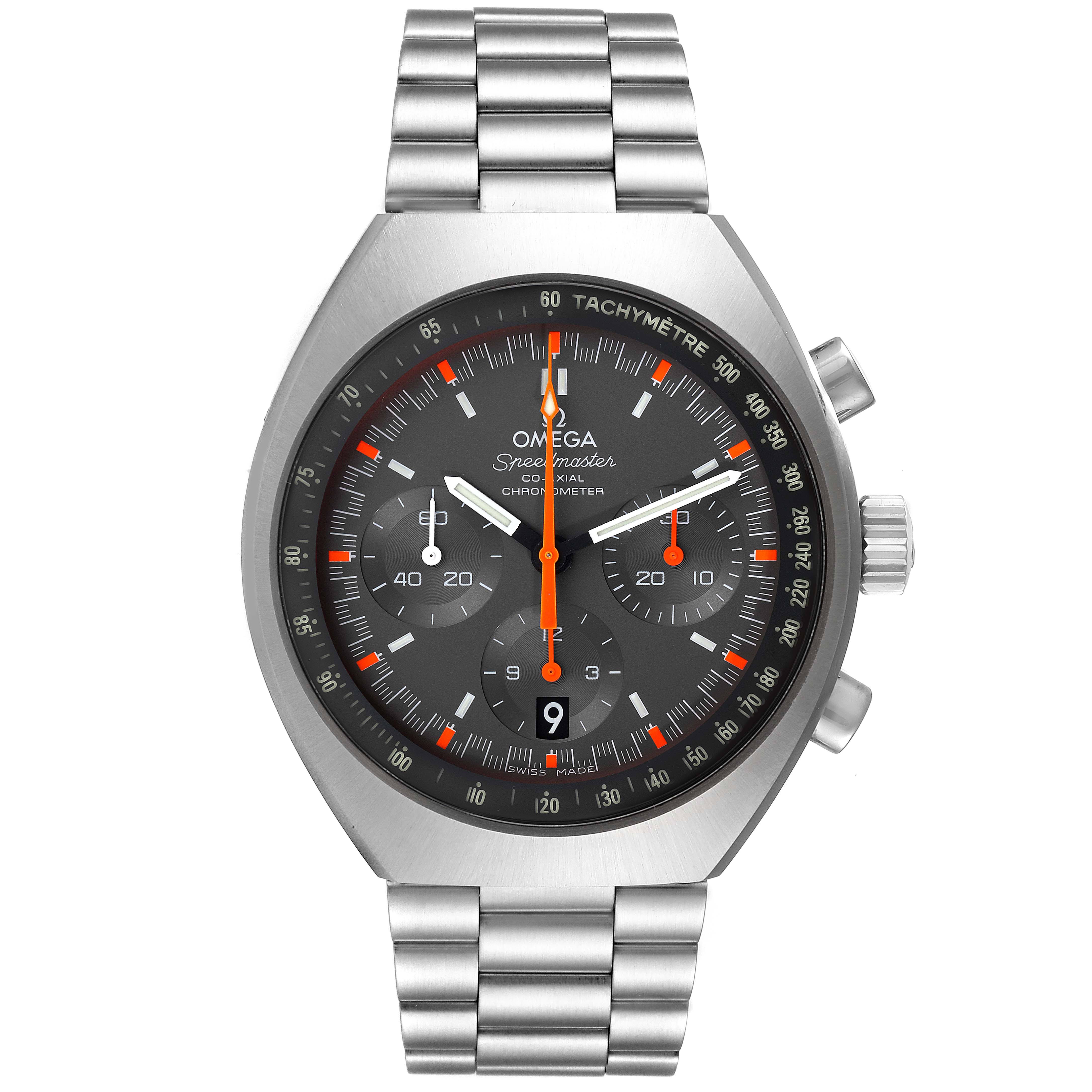 The Omega Speedmaster 327.10.43.50.06.001 Men's Stainless Steel Grey Dial 327.10.43.50.06.001 Men's Stainless Steel Grey Dial watch is shown from a front angle, displaying its dial, tachymeter bezel, and stainless steel bracelet.