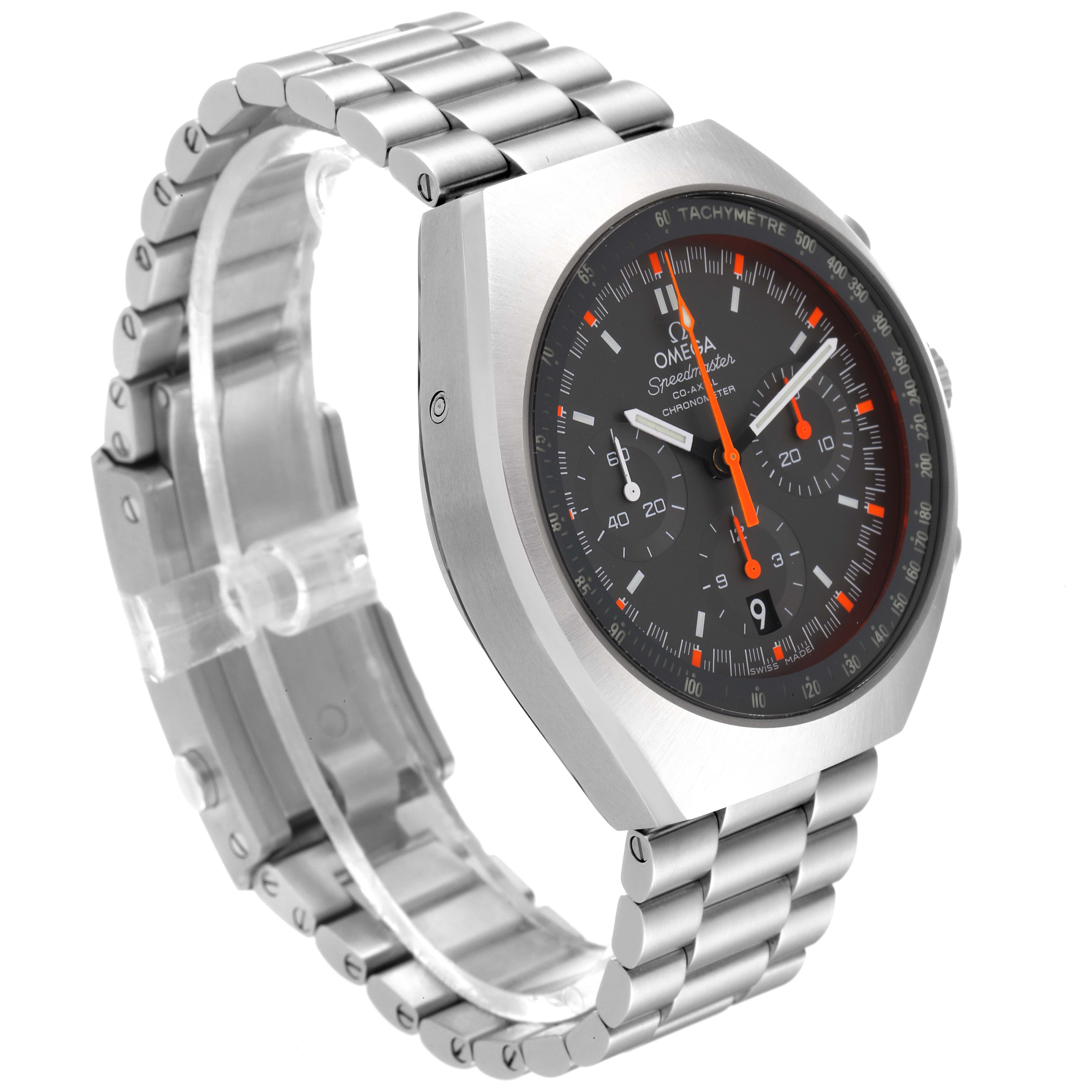 The Omega Speedmaster 327.10.43.50.06.001 Men's Stainless Steel Grey Dial 327.10.43.50.06.001 Men's Stainless Steel Grey Dial watch is shown at a three-quarter angle highlighting its face, stainless steel bracelet, and case.