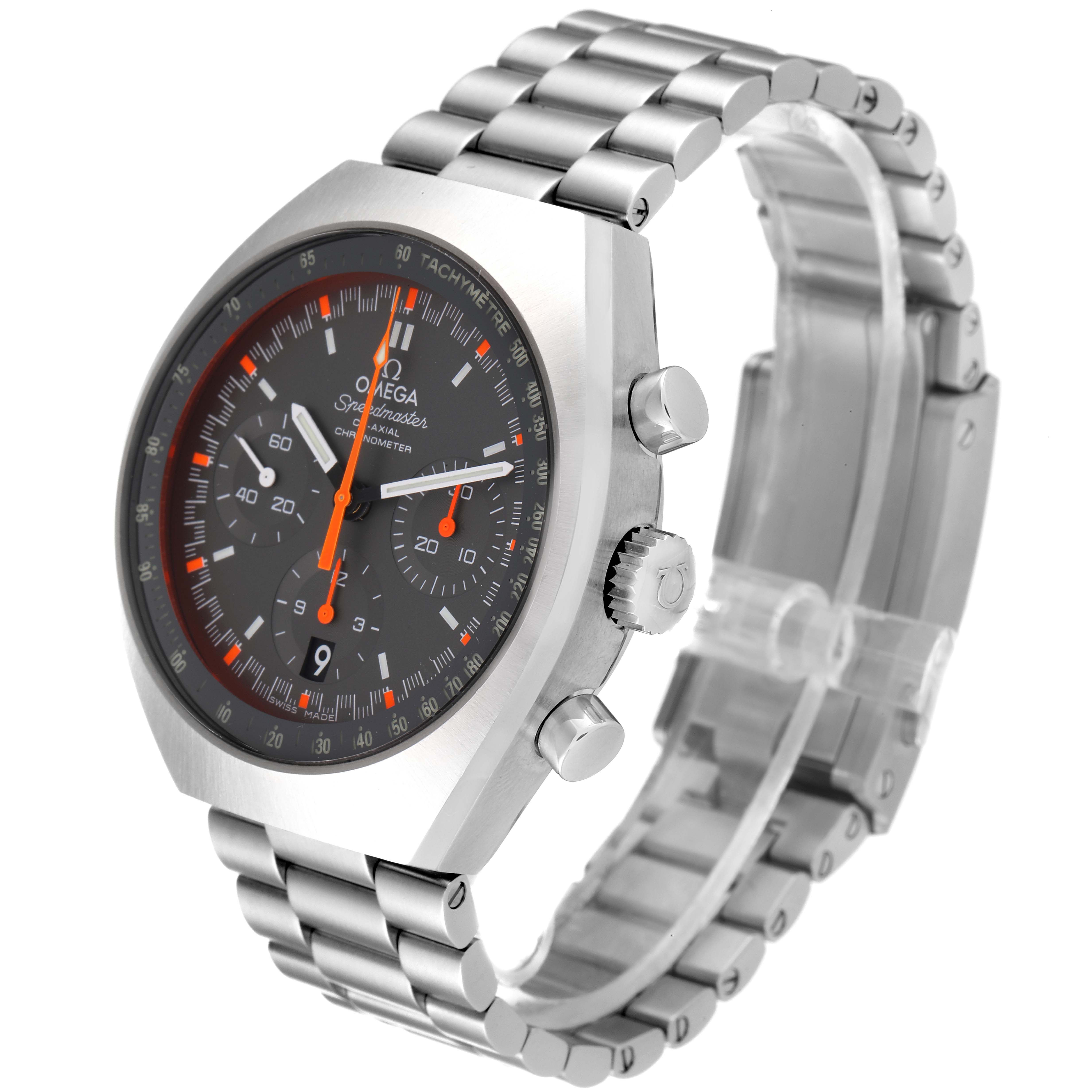 This image shows a three-quarter view of an Omega Speedmaster 327.10.43.50.06.001 Men's Stainless Steel Grey Dial 327.10.43.50.06.001 Men's Stainless Steel Grey Dial watch, highlighting its dial, crown, pushers, and metal bracelet.