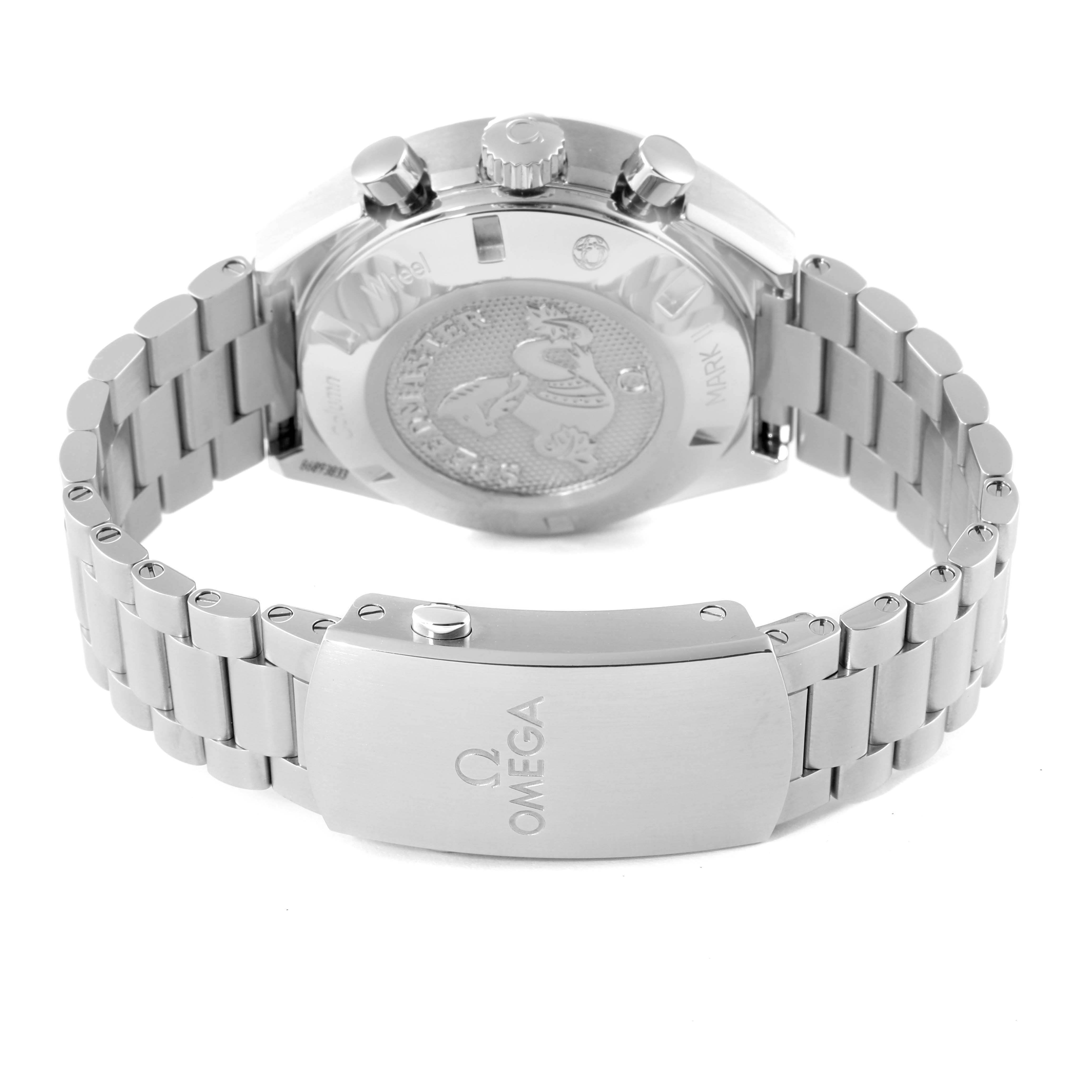 The image shows the back of an Omega Speedmaster 327.10.43.50.06.001 Men's Stainless Steel Grey Dial 327.10.43.50.06.001 Men's Stainless Steel Grey Dial watch, focusing on the case back, bracelet, and clasp with the Omega logo.