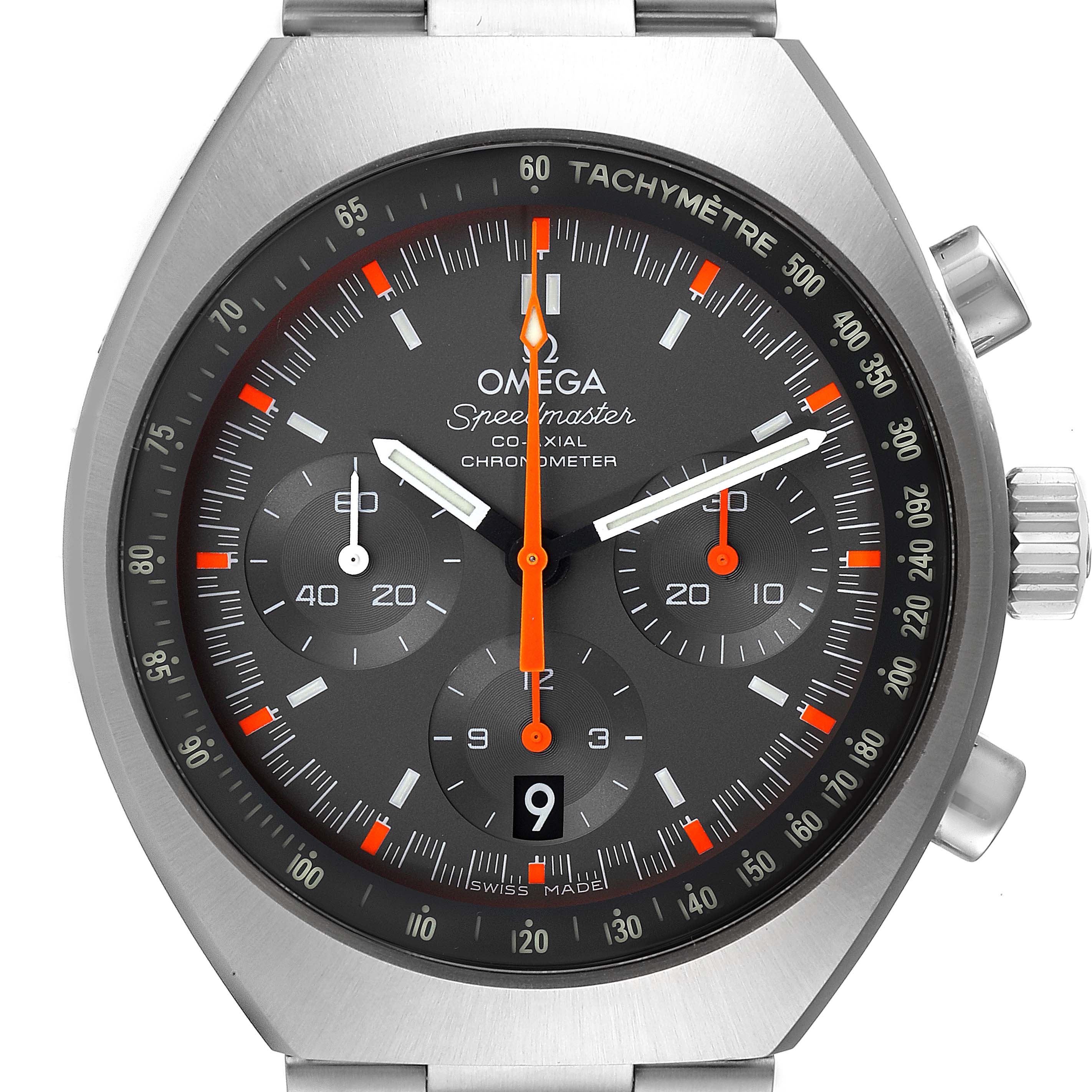 The Omega Speedmaster 327.10.43.50.06.001 Men's Stainless Steel Grey Dial 327.10.43.50.06.001 Men's Stainless Steel Grey Dial watch is shown from a front angle, highlighting the dial, bezel, and pushers.