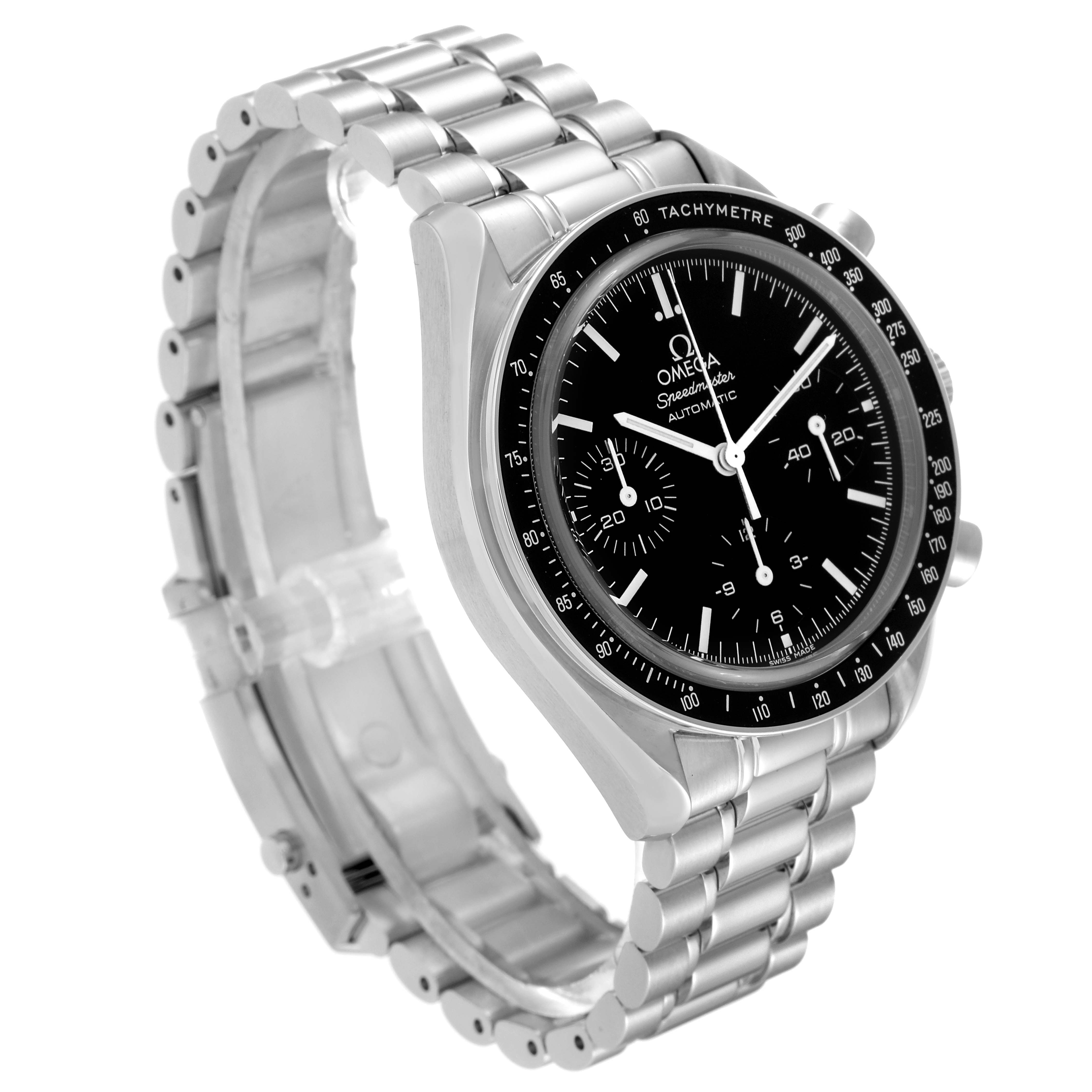 The image shows a side angle of the Omega Speedmaster 3539.50.00 Men
s Stainless Steel Black Dial 3539.50.00 Men
s Stainless Steel Black Dial, highlighting its metal bracelet and black dial with chronograph features.