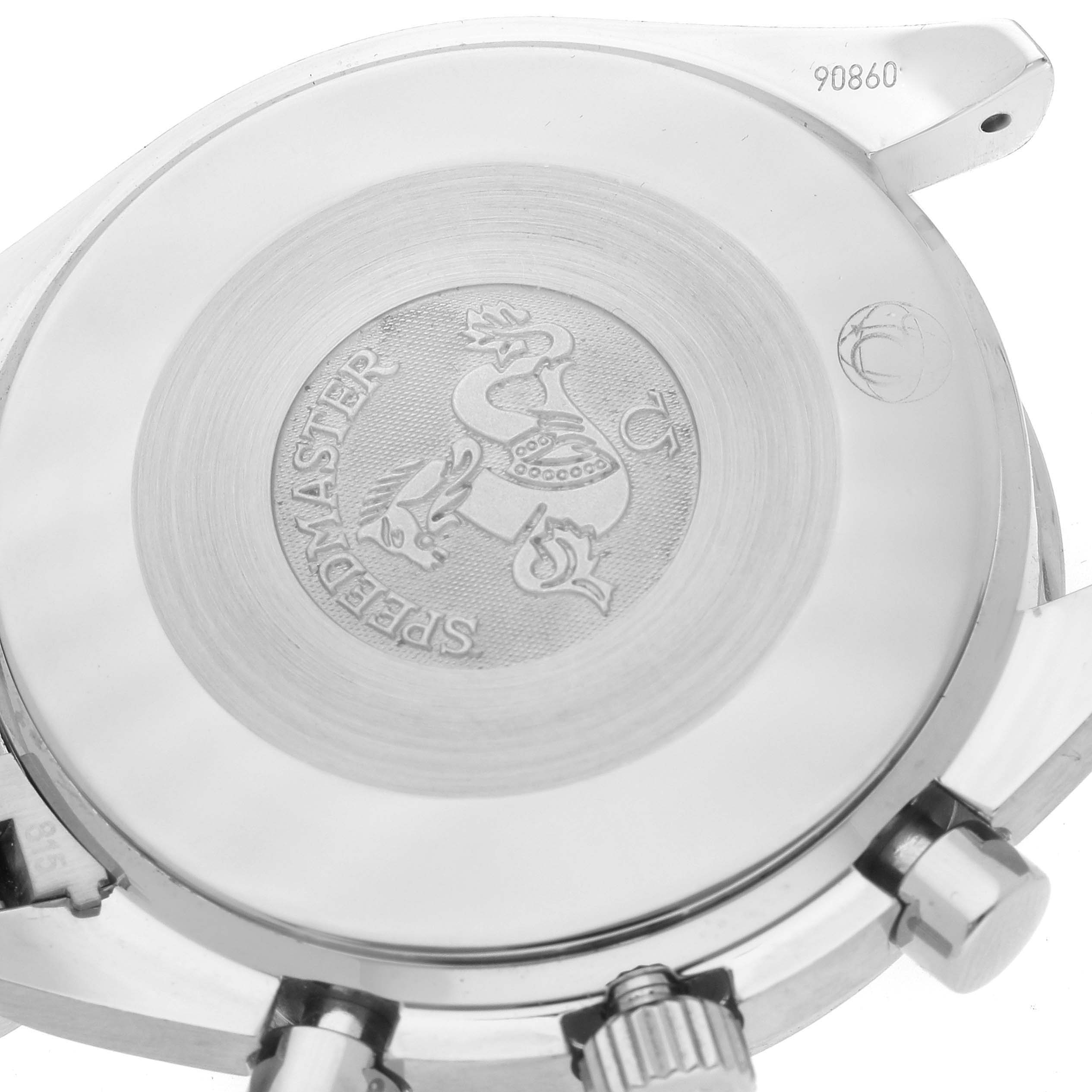 The image shows the back casing of an Omega Speedmaster 3539.50.00 Men
s Stainless Steel Black Dial 3539.50.00 Men
s Stainless Steel Black Dial watch, highlighting its engravings and detailing.