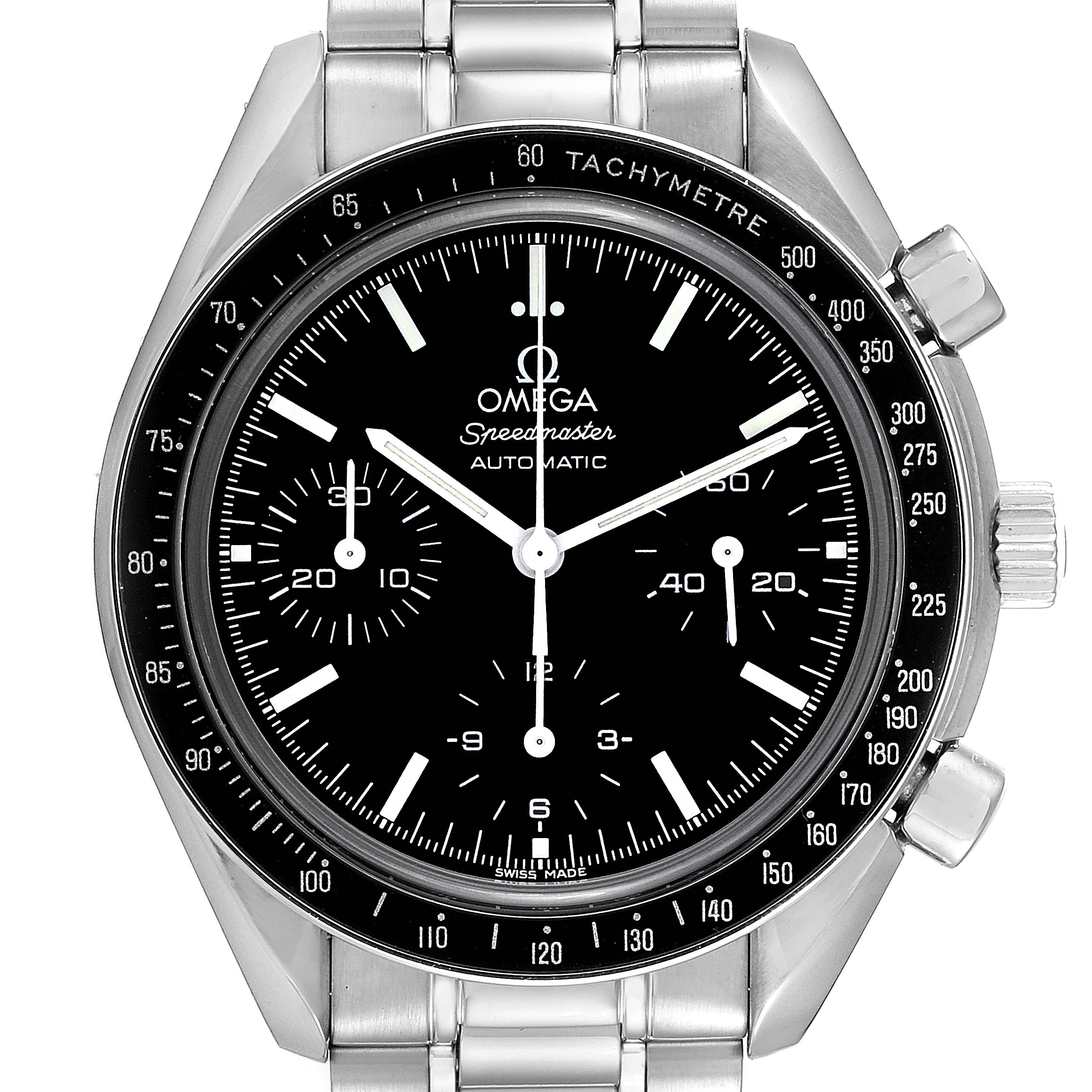 The image shows a front view of the Omega Speedmaster 3539.50.00 Men
s Stainless Steel Black Dial 3539.50.00 Men
s Stainless Steel Black Dial watch, highlighting the dial, bezel, and stainless steel bracelet.