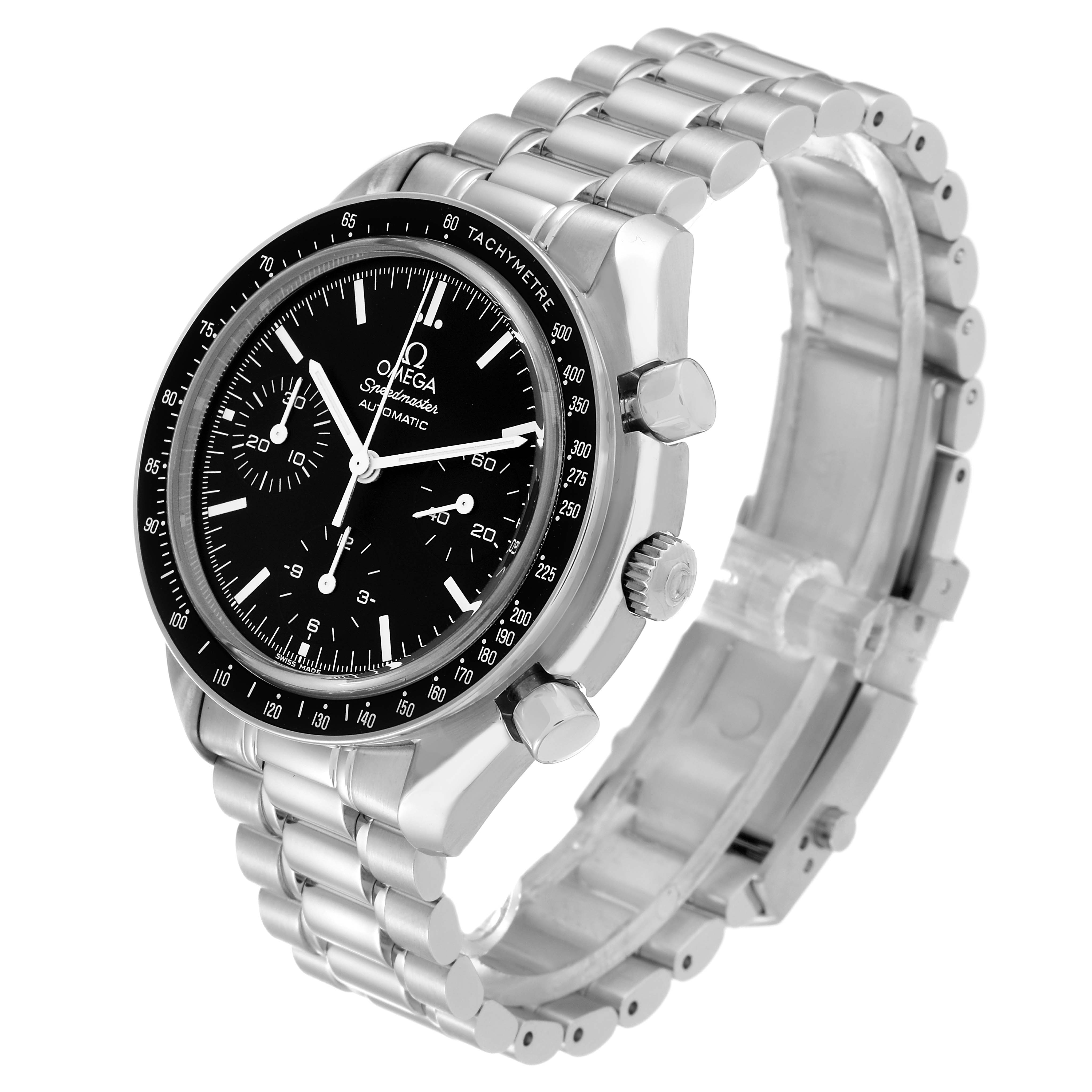 The Omega Speedmaster 3539.50.00 Men
s Stainless Steel Black Dial 3539.50.00 Men
s Stainless Steel Black Dial watch is shown at an angle displaying the face, bezel, crown, pushers, and part of the bracelet.
