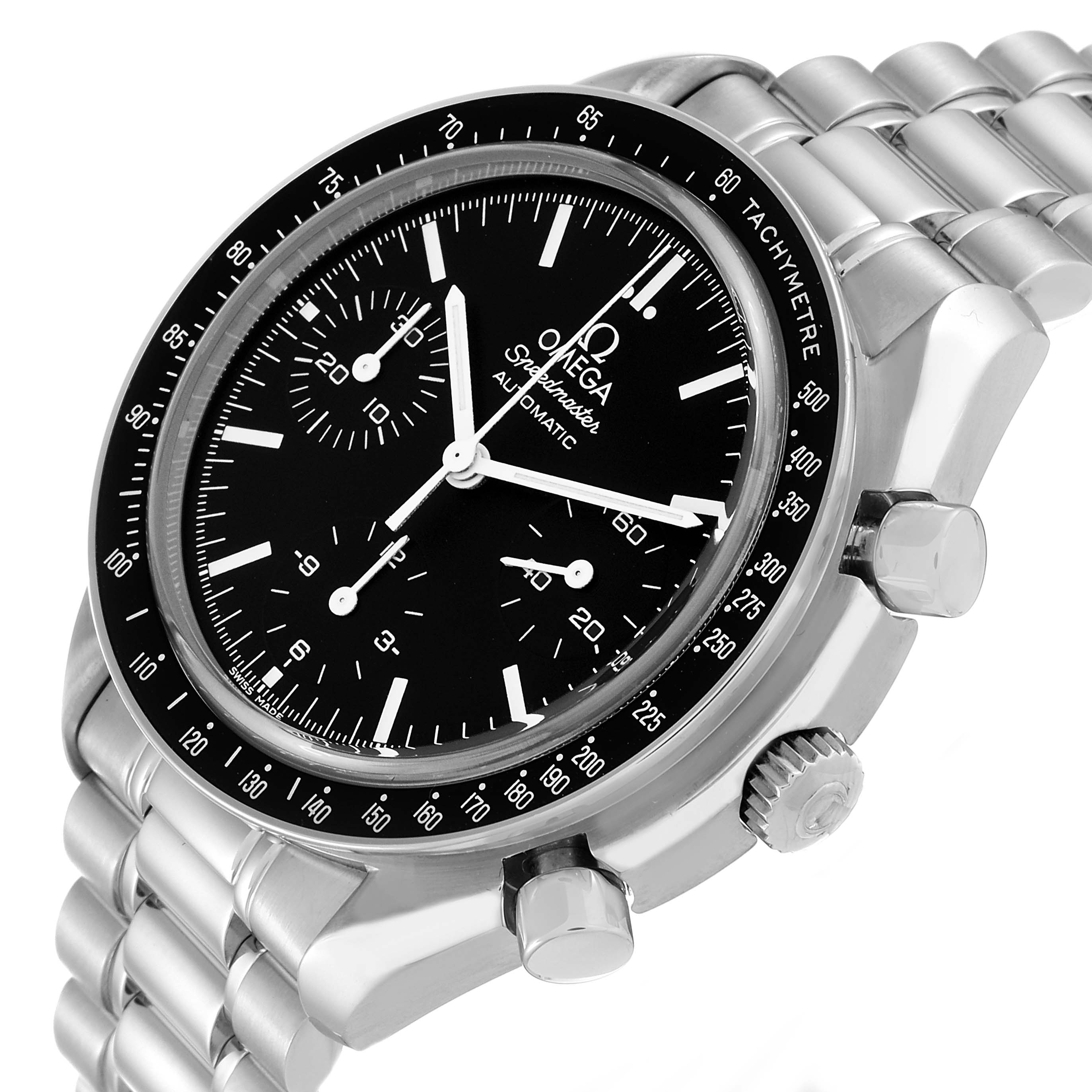 The Omega Speedmaster 3539.50.00 Men
s Stainless Steel Black Dial 3539.50.00 Men
s Stainless Steel Black Dial watch is shown from an angled side view, highlighting the face, bezel, crown, pushers, and bracelet.