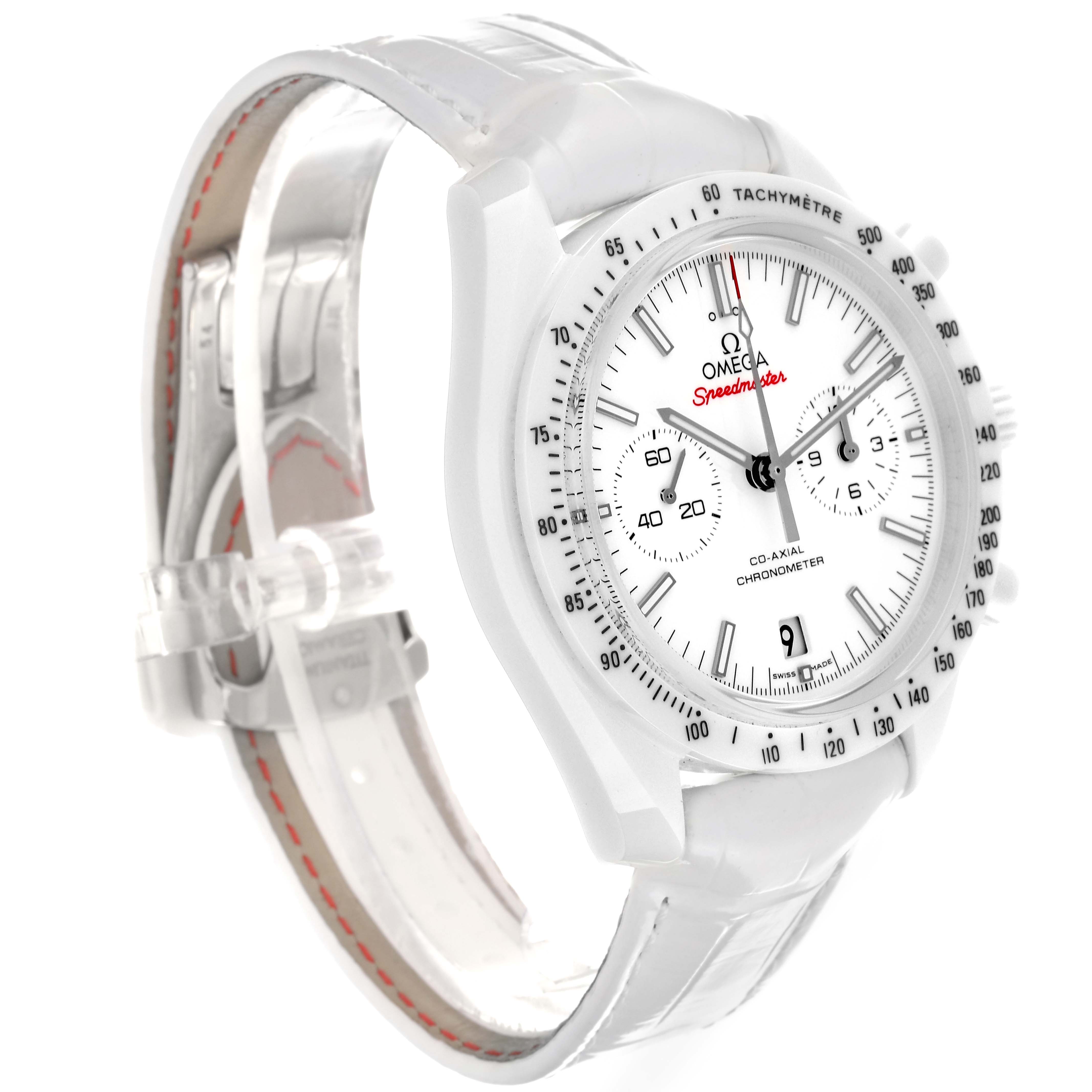 The Omega Speedmaster 311.93.44.51.04.002 Men's Ceramic White Dial 311.93.44.51.04.002 Men's Ceramic White Dial watch is shown at a slight angle, highlighting the dial, bezel, and white band.