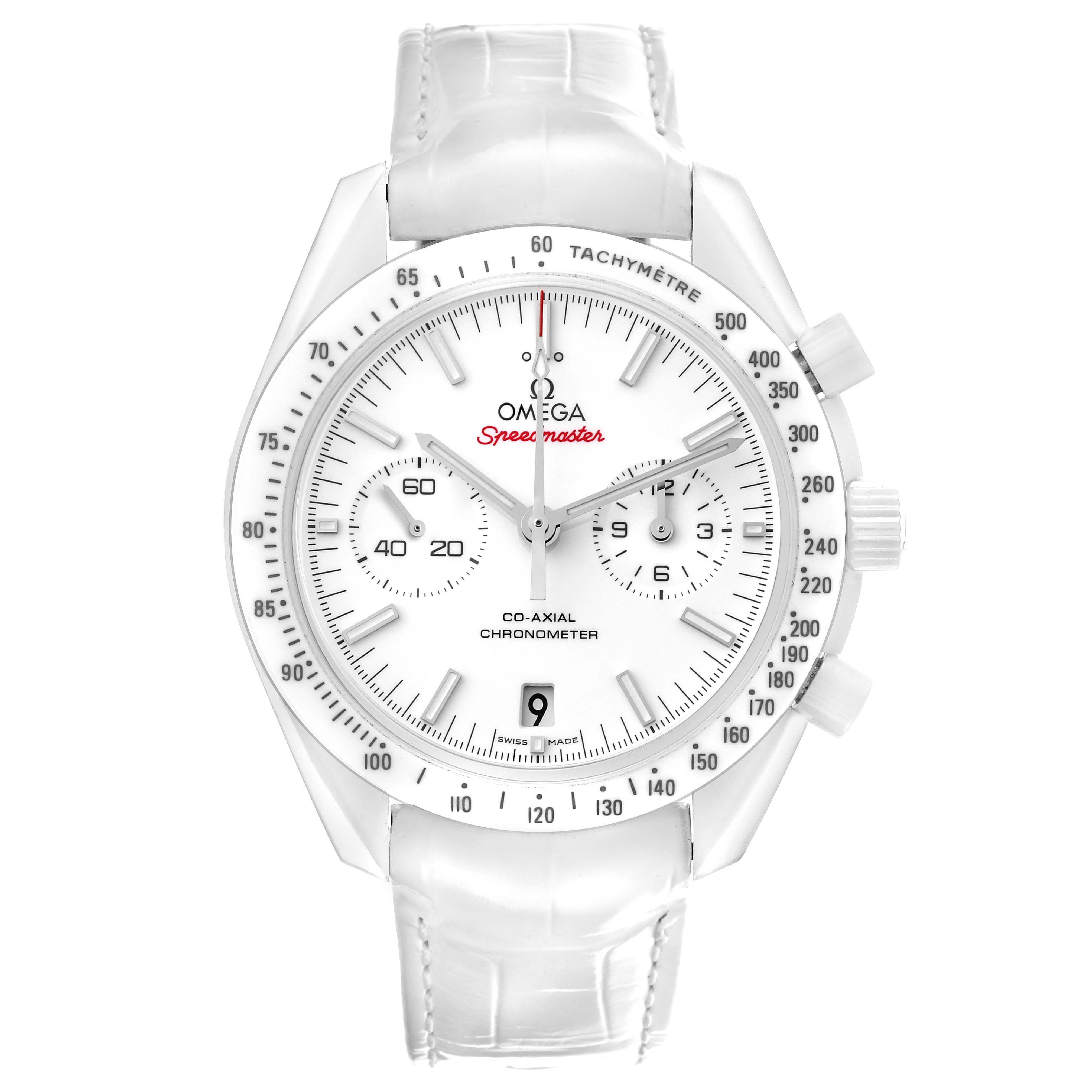 The Omega Speedmaster 311.93.44.51.04.002 Men's Ceramic White Dial 311.93.44.51.04.002 Men's Ceramic White Dial watch is shown from a front view, displaying its dial, tachymeter, crown, and chronograph pushers.
