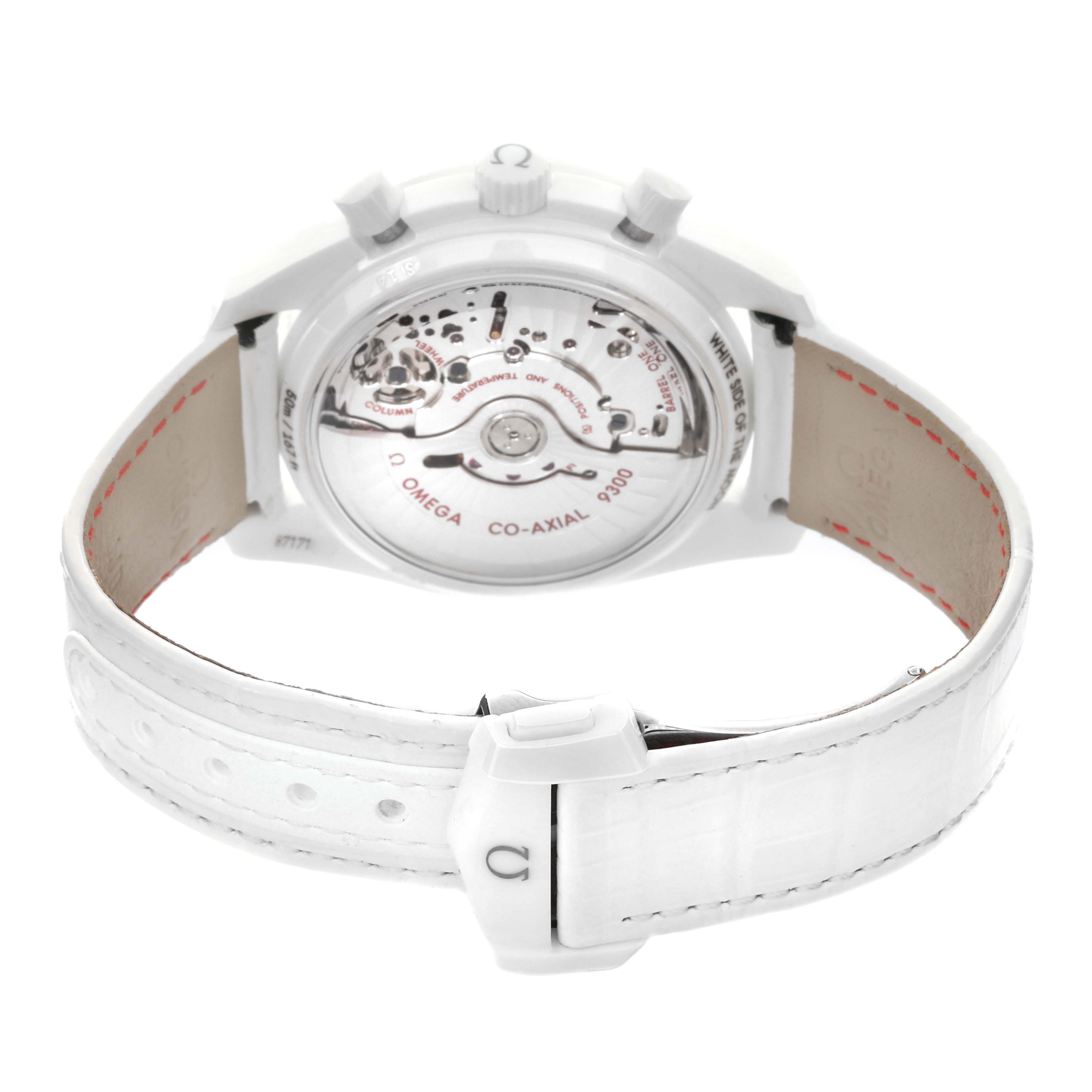 The Omega Speedmaster 311.93.44.51.04.002 Men's Ceramic White Dial 311.93.44.51.04.002 Men's Ceramic White Dial watch is shown from the rear, highlighting the transparent case back and white strap.