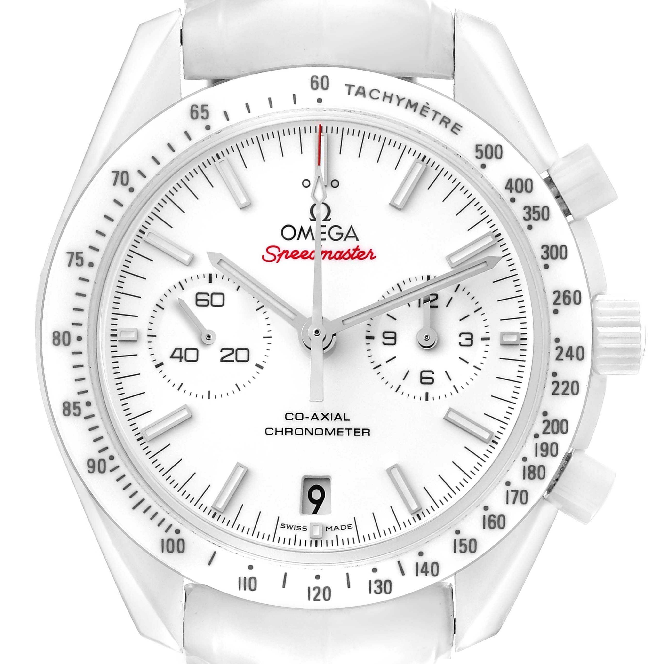 The Omega Speedmaster 311.93.44.51.04.002 Men's Ceramic White Dial 311.93.44.51.04.002 Men's Ceramic White Dial watch is shown from a front angle, displaying the face, bezel, subdials, and tachymetric scale.