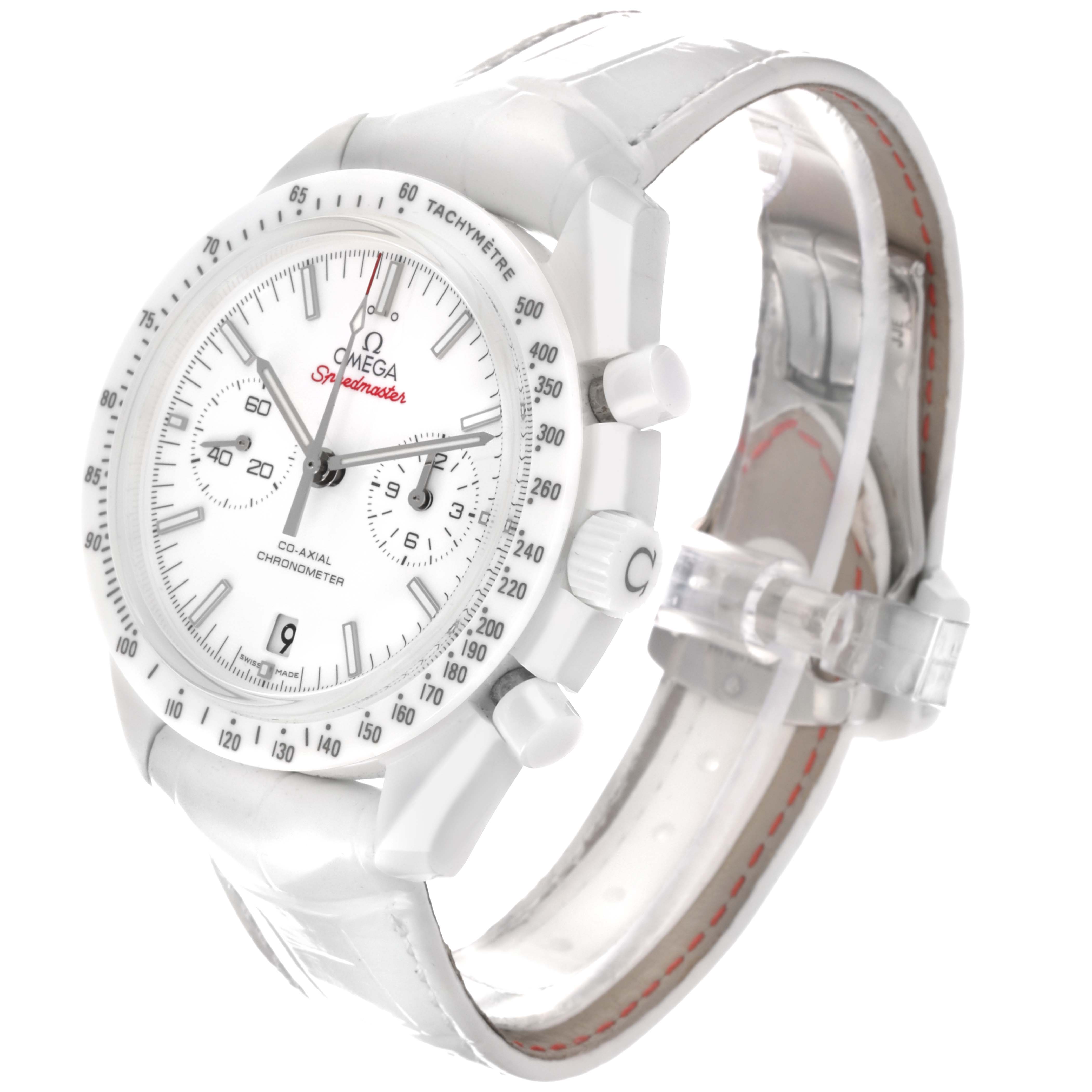 The Omega Speedmaster 311.93.44.51.04.002 Men's Ceramic White Dial 311.93.44.51.04.002 Men's Ceramic White Dial watch is shown at a three-quarter angle, highlighting the face, bezel, crown, chronograph buttons, and strap.