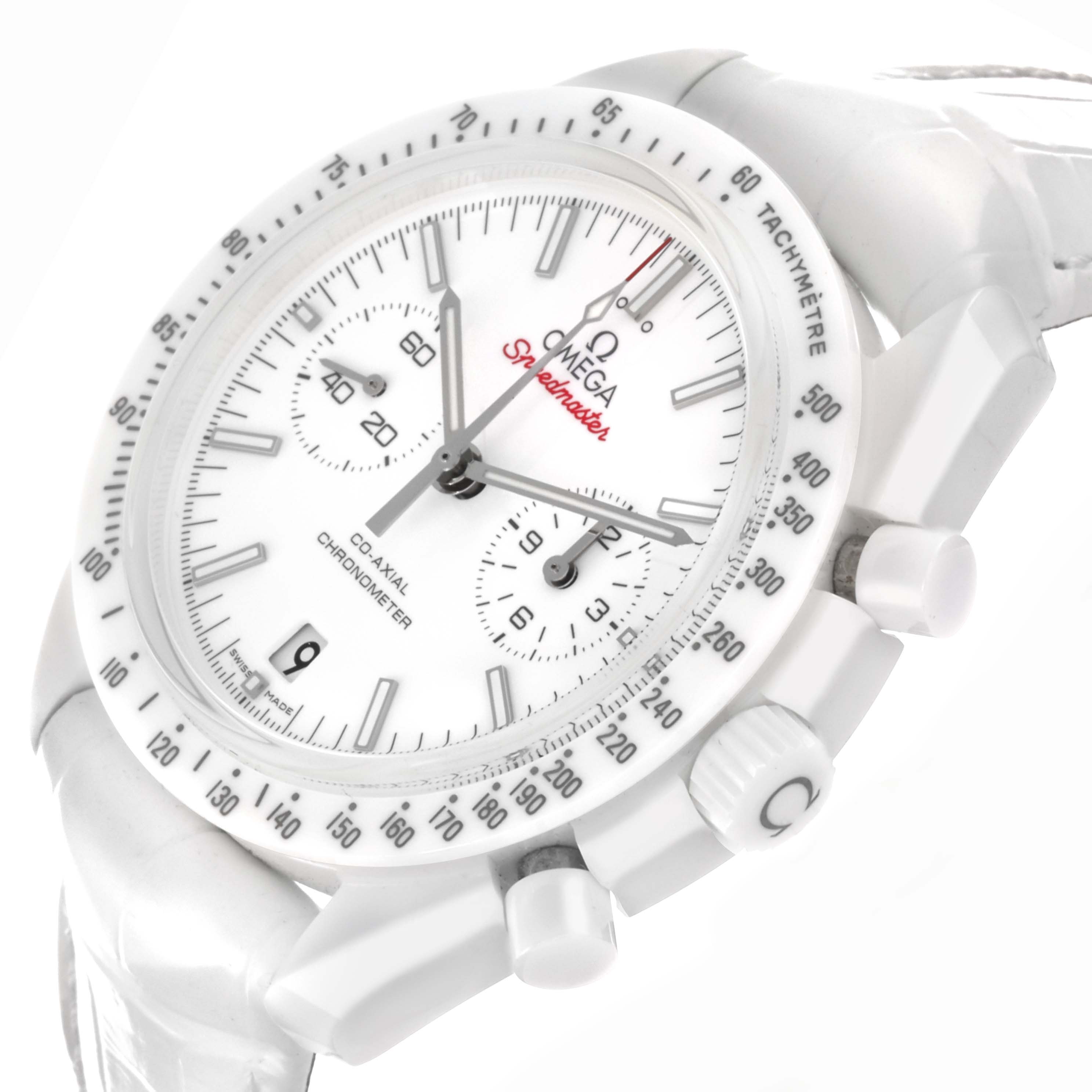 The Omega Speedmaster 311.93.44.51.04.002 Men's Ceramic White Dial 311.93.44.51.04.002 Men's Ceramic White Dial is shown at an angled close-up, highlighting the white dial, tachymeter bezel, and side pushers.