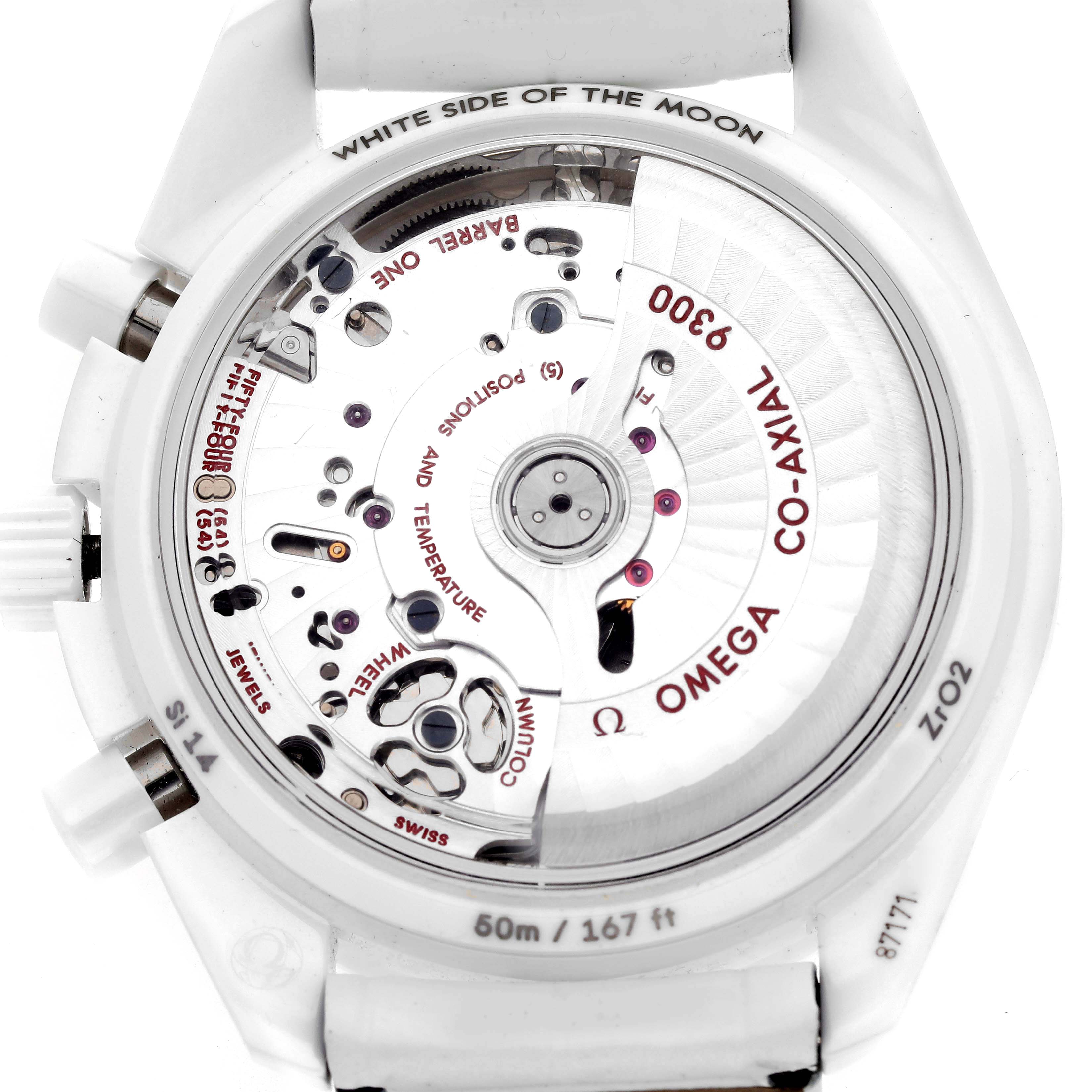 The image shows the back view of the Omega Speedmaster 311.93.44.51.04.002 Men's Ceramic White Dial 311.93.44.51.04.002 Men's Ceramic White Dial, highlighting its Co-Axial movement and internal components.
