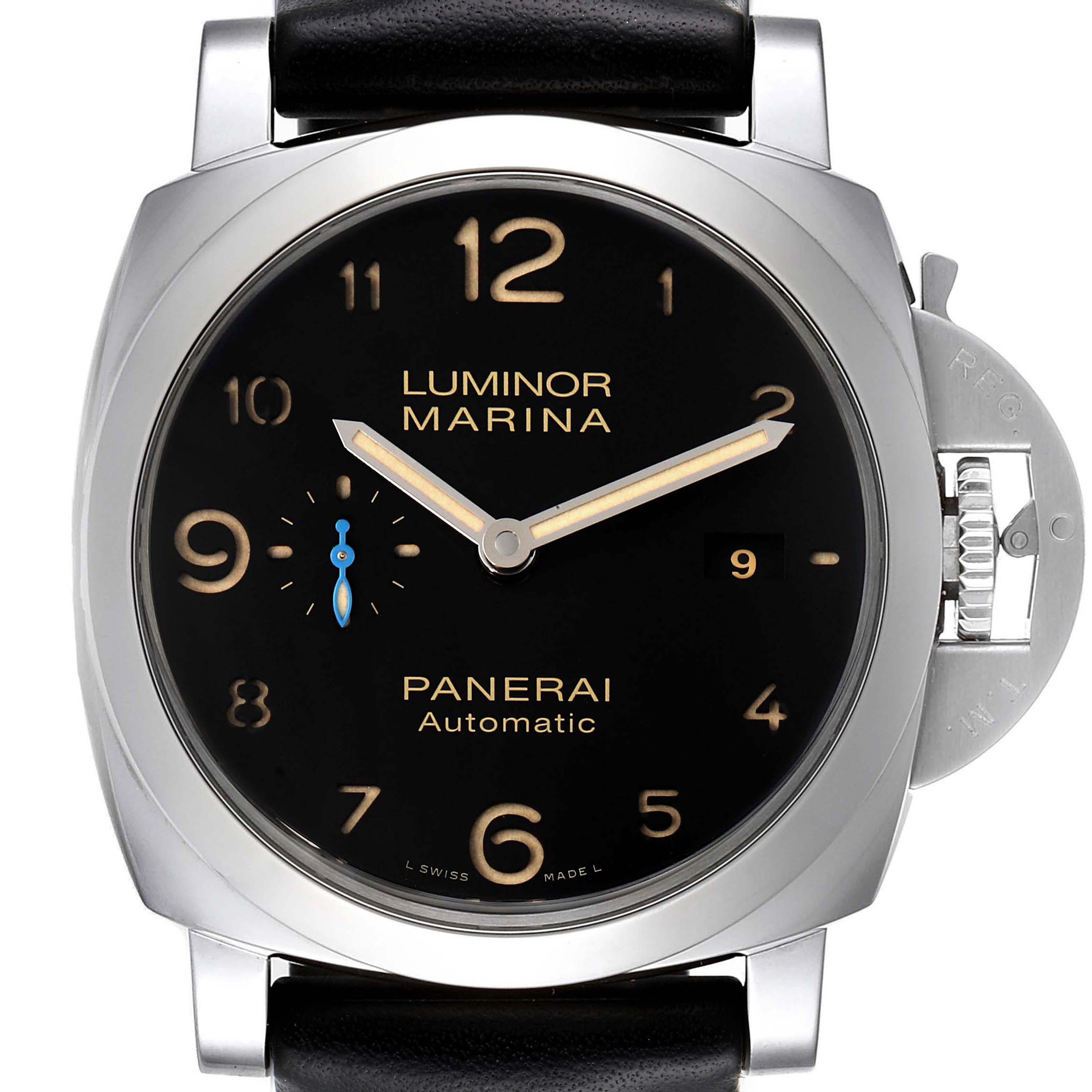 The image shows a front view of a Panerai Luminor PAM01359 Men
s Stainless Steel Black Dial PAM01359 Men
s Stainless Steel Black Dial Marina watch, highlighting its black dial, numerals, and crown guard.