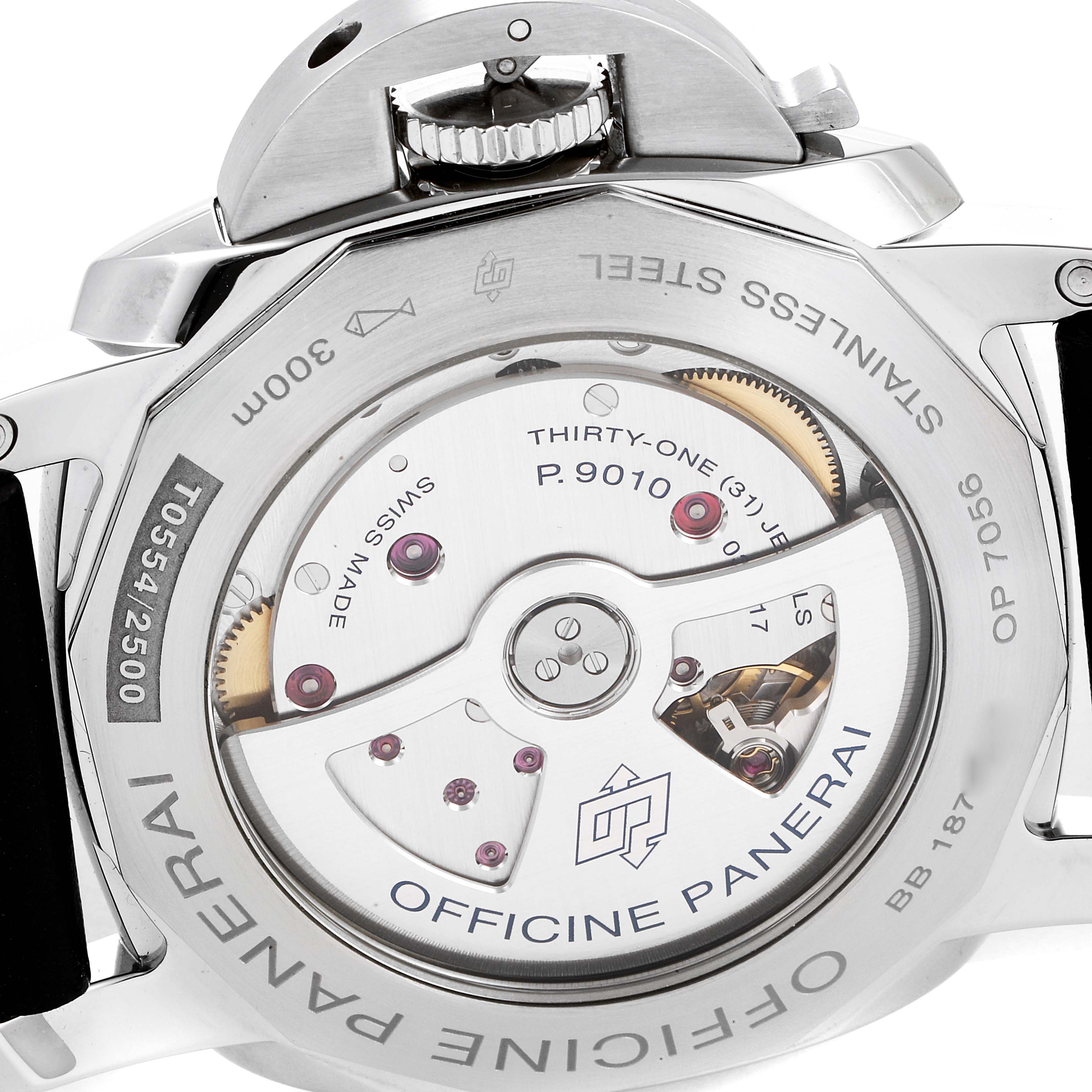 The image shows the back side of a Panerai Luminor PAM01359 Men
s Stainless Steel Black Dial PAM01359 Men
s Stainless Steel Black Dial watch, displaying its internal movement components and markings.