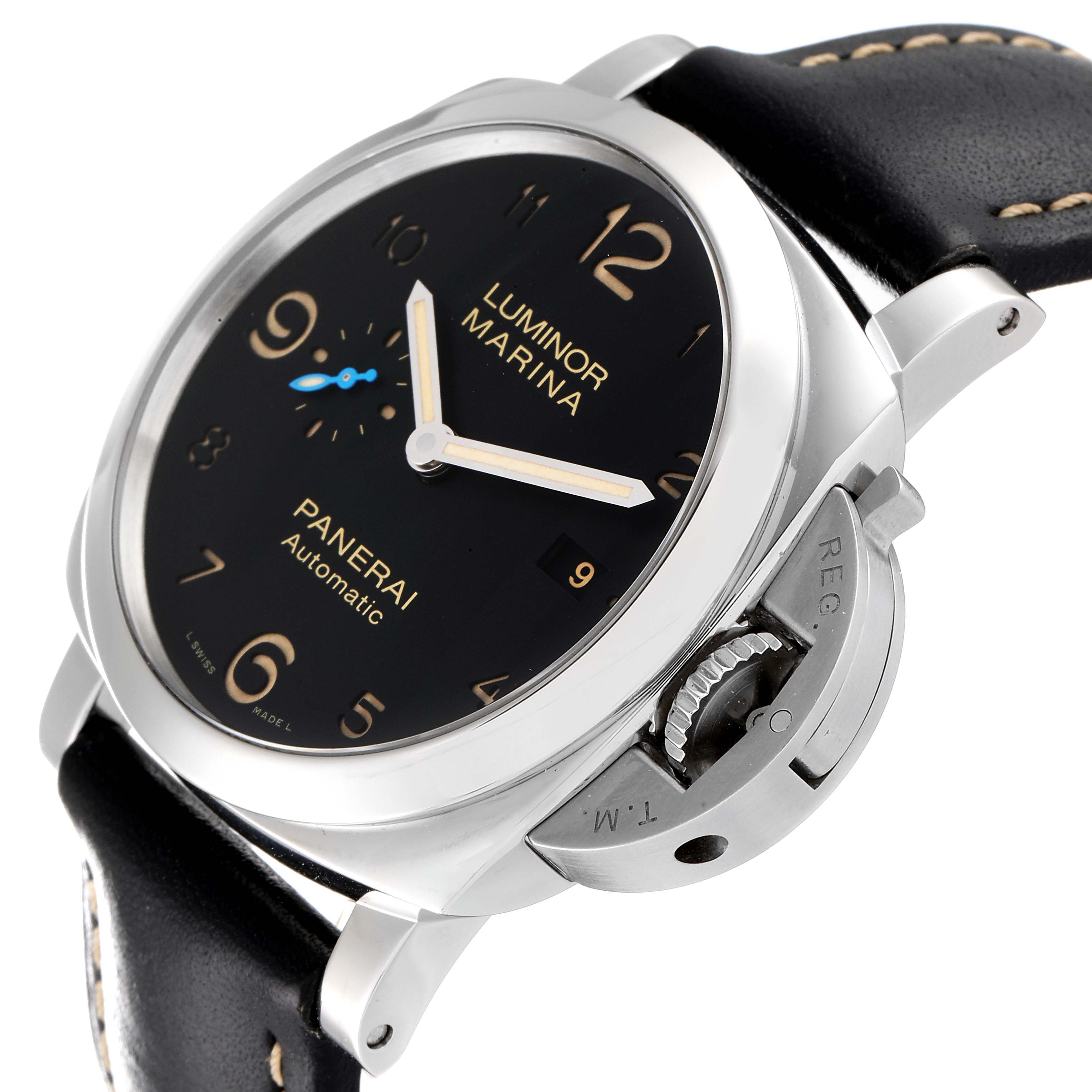 The image shows a close-up side angle of the Panerai Luminor PAM01359 Men
s Stainless Steel Black Dial PAM01359 Men
s Stainless Steel Black Dial watch, highlighting its black dial, crown guard, and leather strap.