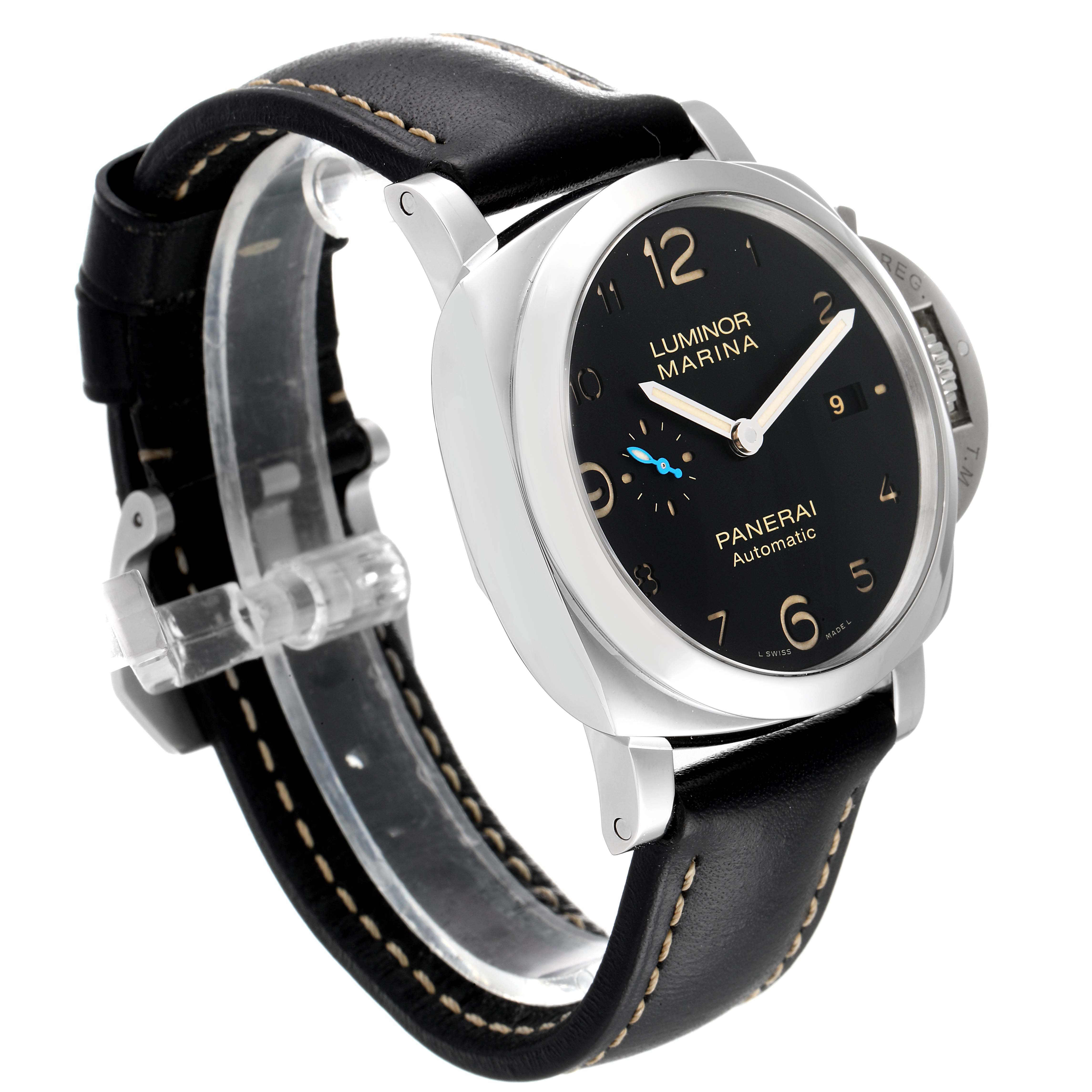 The image shows a Panerai Luminor PAM01359 Men
s Stainless Steel Black Dial PAM01359 Men
s Stainless Steel Black Dial Marina watch at a three-quarter angle highlighting its black dial, leather strap, and crown guard.