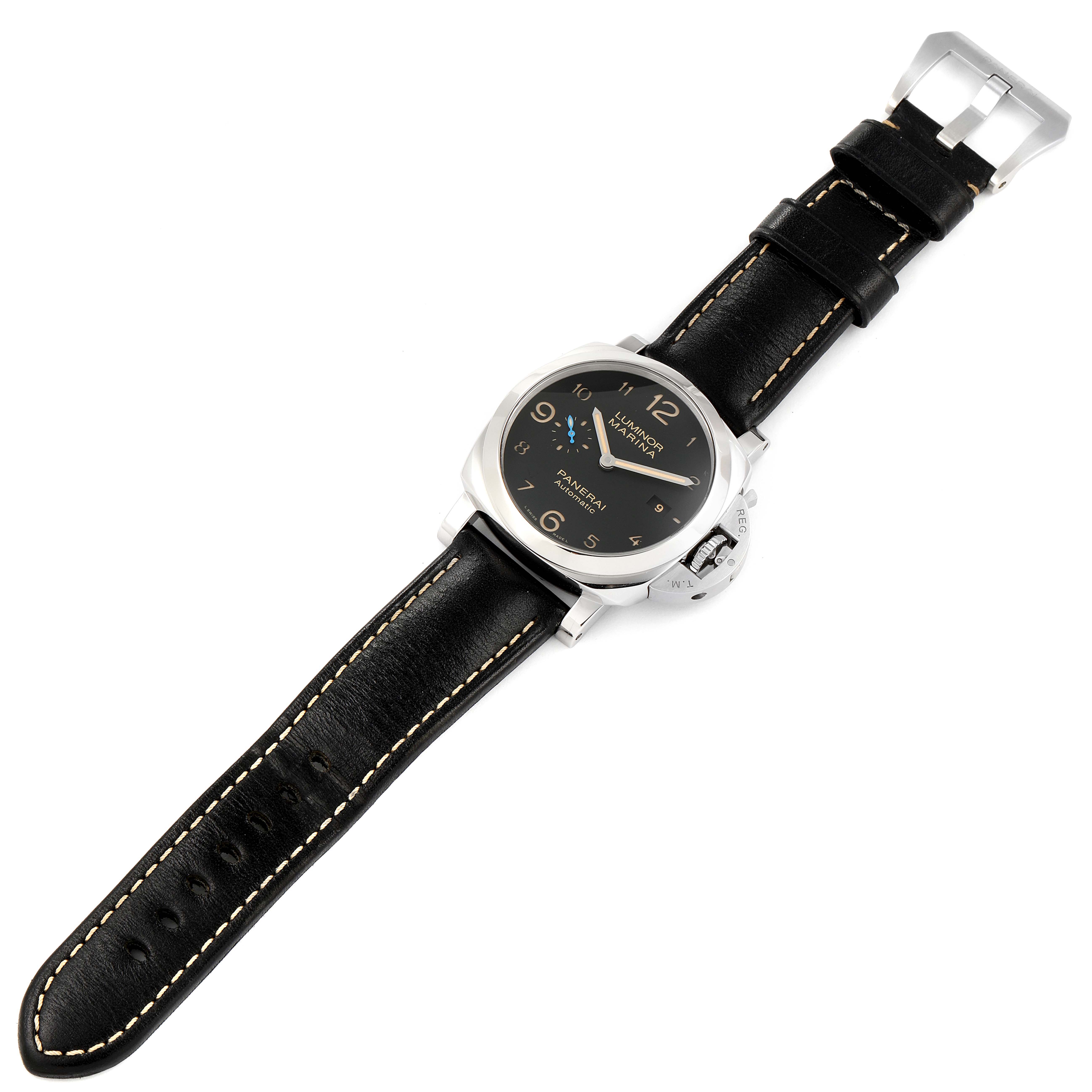 The Panerai Luminor PAM01359 Men
s Stainless Steel Black Dial PAM01359 Men
s Stainless Steel Black Dial watch is shown from a top-down angle, displaying its face, crown, and black leather strap.