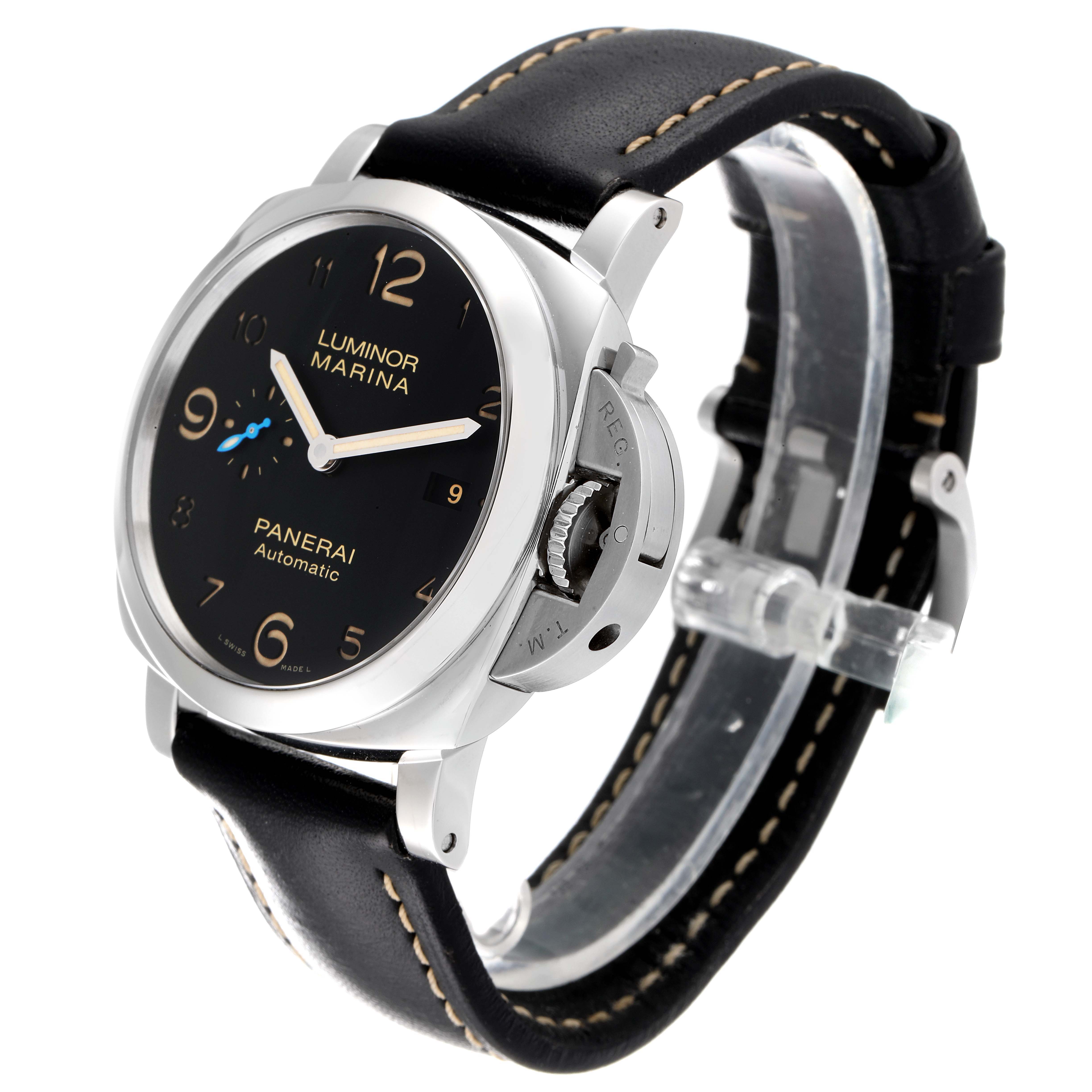 This image shows a Panerai Luminor PAM01359 Men
s Stainless Steel Black Dial PAM01359 Men
s Stainless Steel Black Dial watch from a front-angled view, highlighting the dial, crown guard, and leather strap.