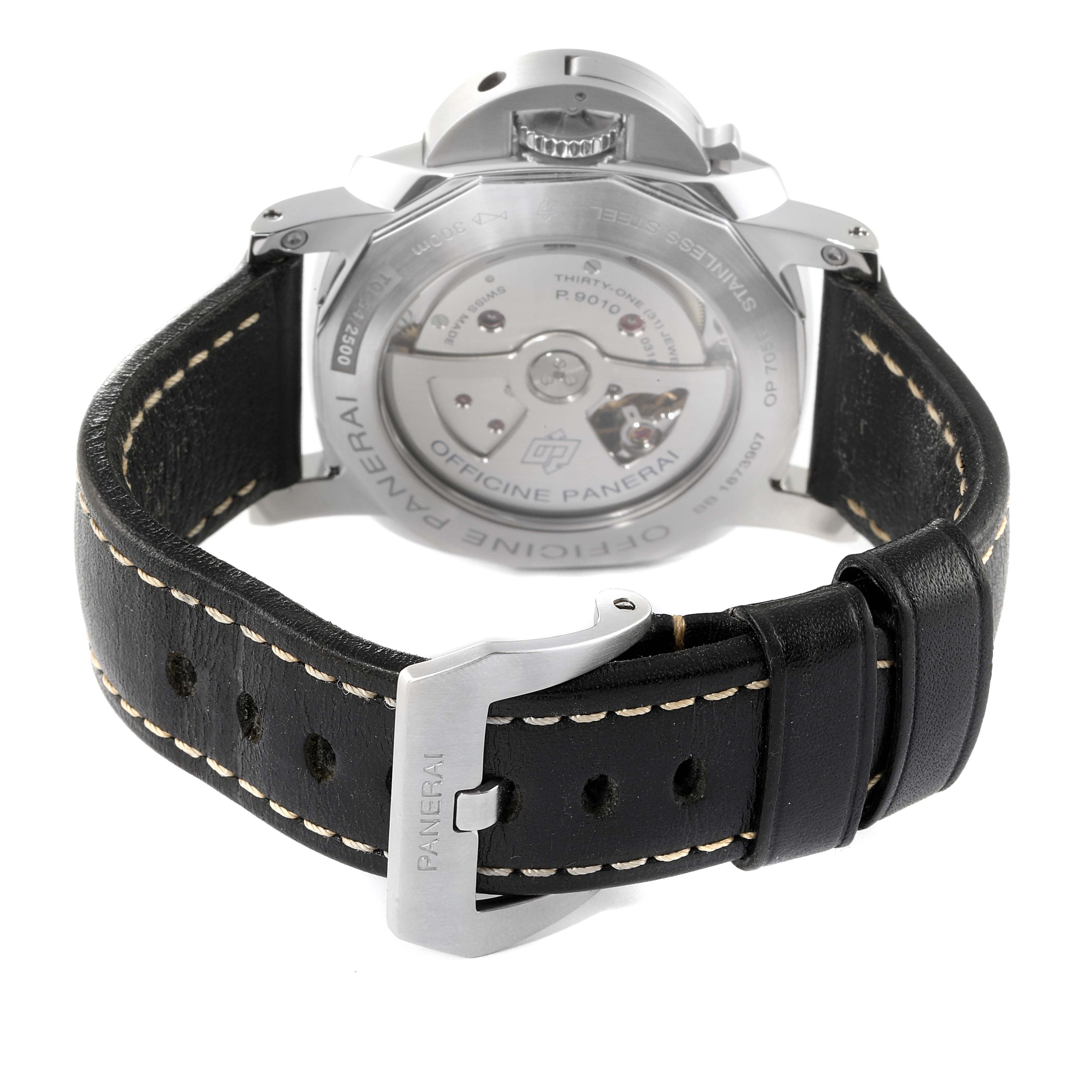 The image shows the back view of a Panerai Luminor PAM01359 Men
s Stainless Steel Black Dial PAM01359 Men
s Stainless Steel Black Dial watch, highlighting the transparent case back and black leather strap with a buckle.