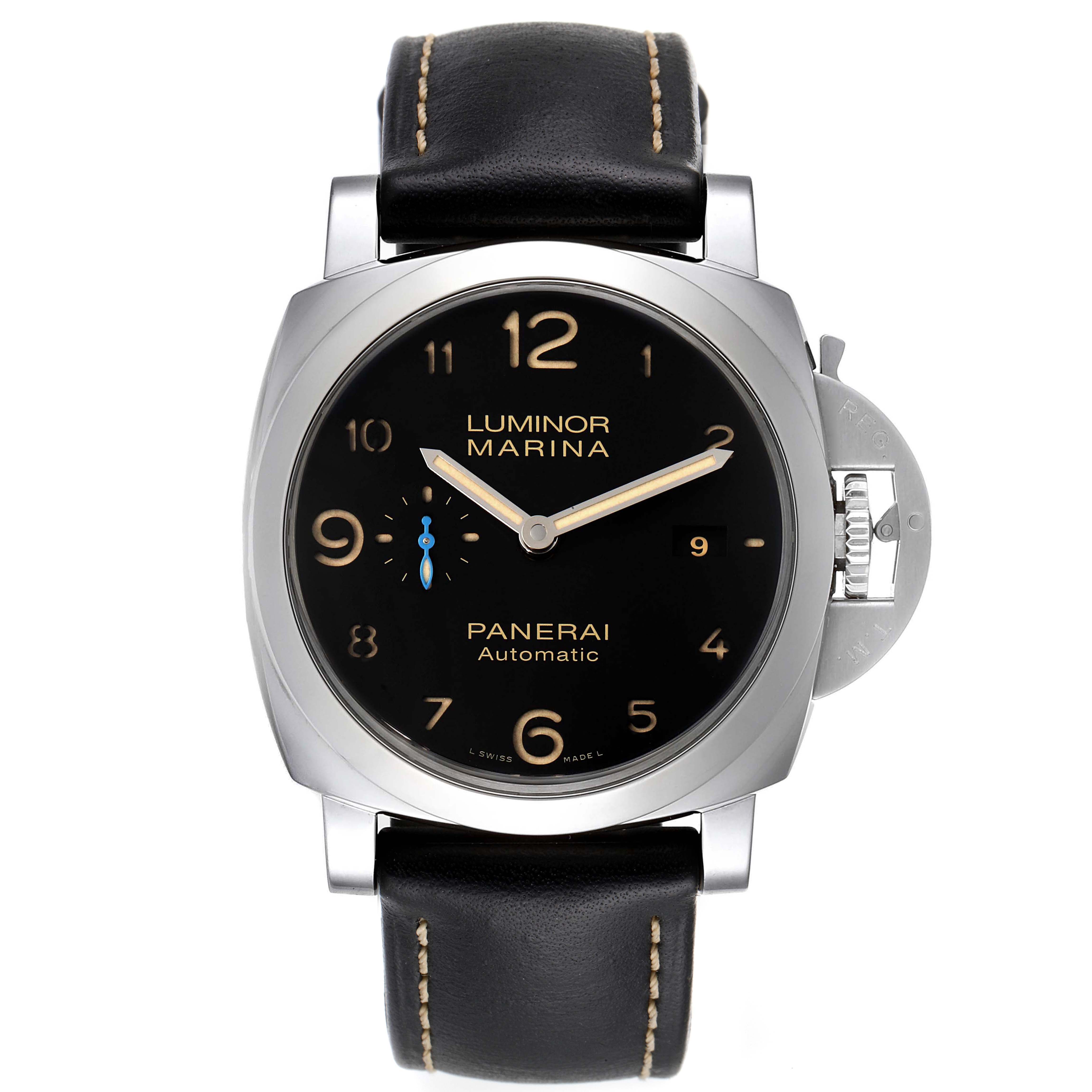 The image shows a frontal view of a Panerai Luminor PAM01359 Men
s Stainless Steel Black Dial PAM01359 Men
s Stainless Steel Black Dial Marina watch with a black dial, silver case, and black leather strap.