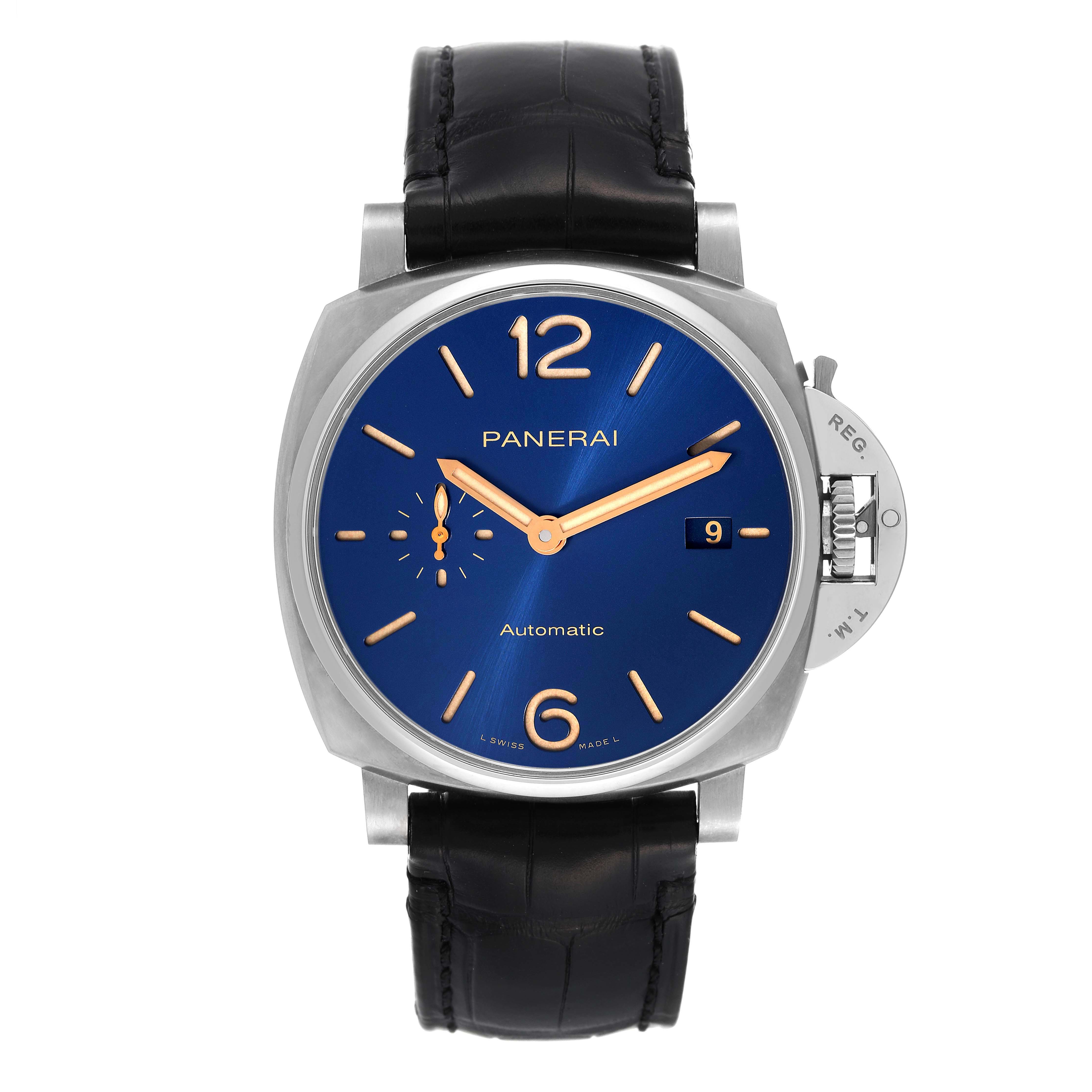 This image shows a front view of the Panerai Luminor Due PAM00927 Men's Titanium Blue Dial PAM00927 Men's Titanium Blue Dial watch with its blue dial, leather strap, and crown guard.