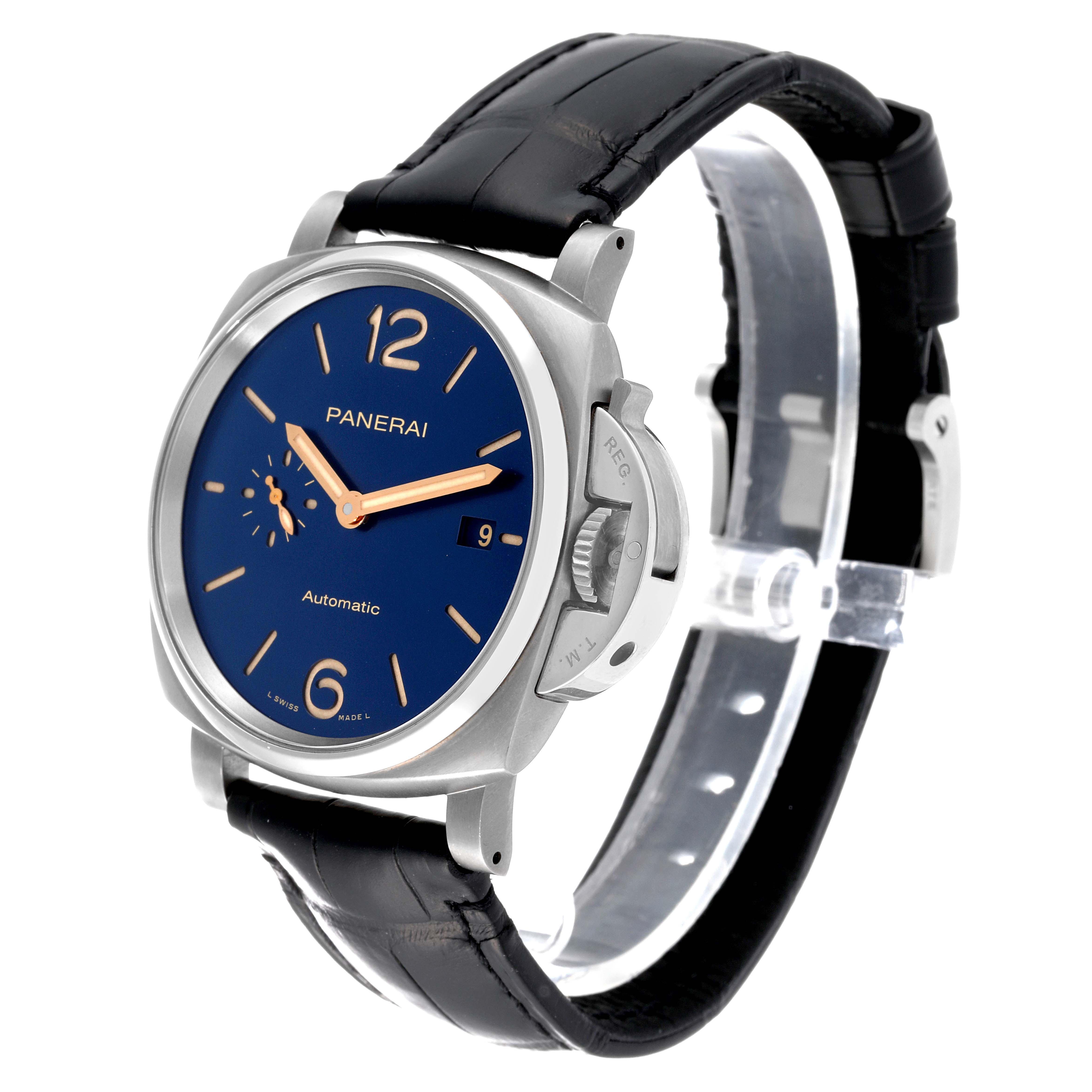 The image shows a Panerai Luminor Due PAM00927 Men's Titanium Blue Dial PAM00927 Men's Titanium Blue Dial watch at an angle highlighting its blue dial, crown guard, date window, and black leather strap.