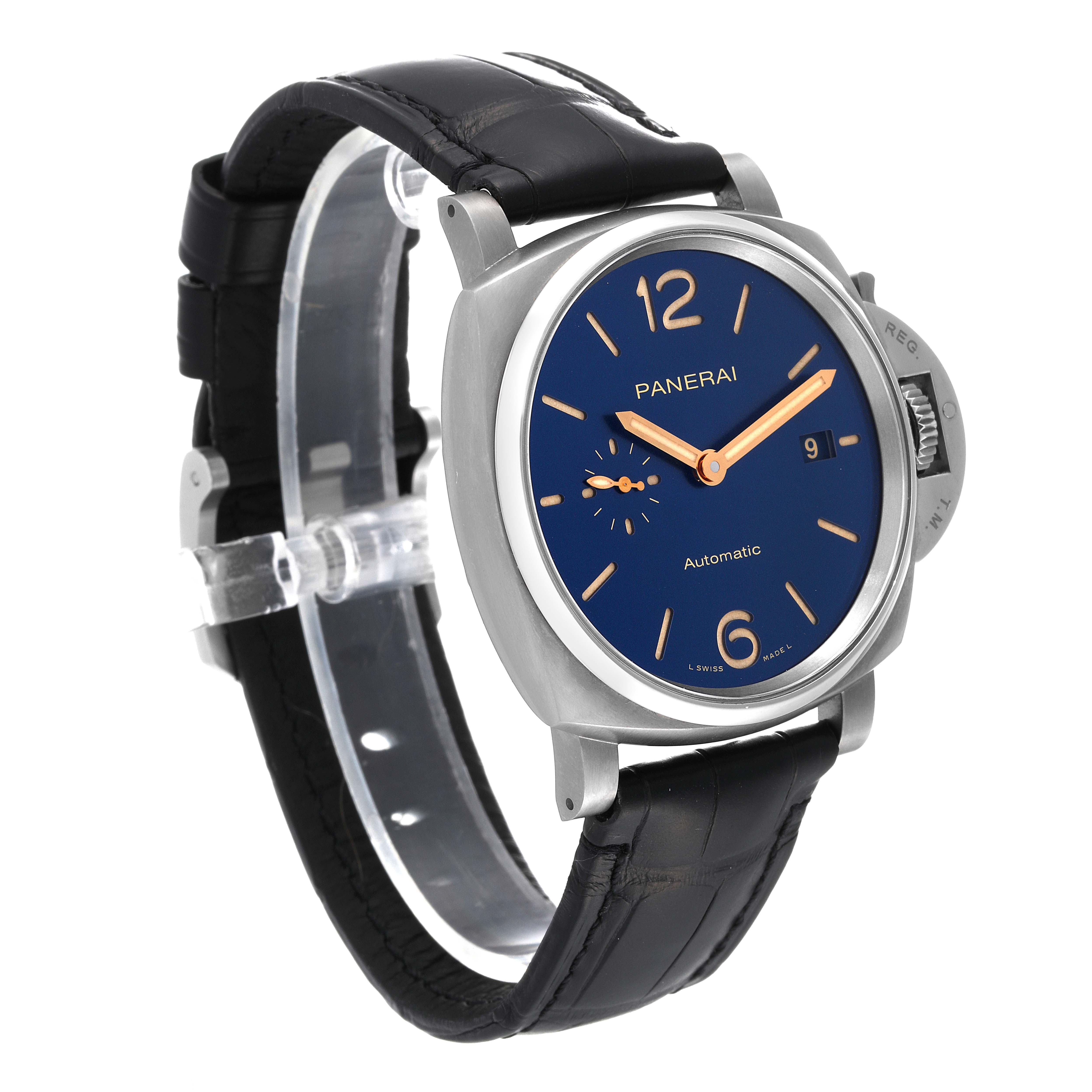 This image shows a side-angle view of the Panerai Luminor Due PAM00927 Men's Titanium Blue Dial PAM00927 Men's Titanium Blue Dial watch, highlighting the dial, case, crown guard, and leather strap.