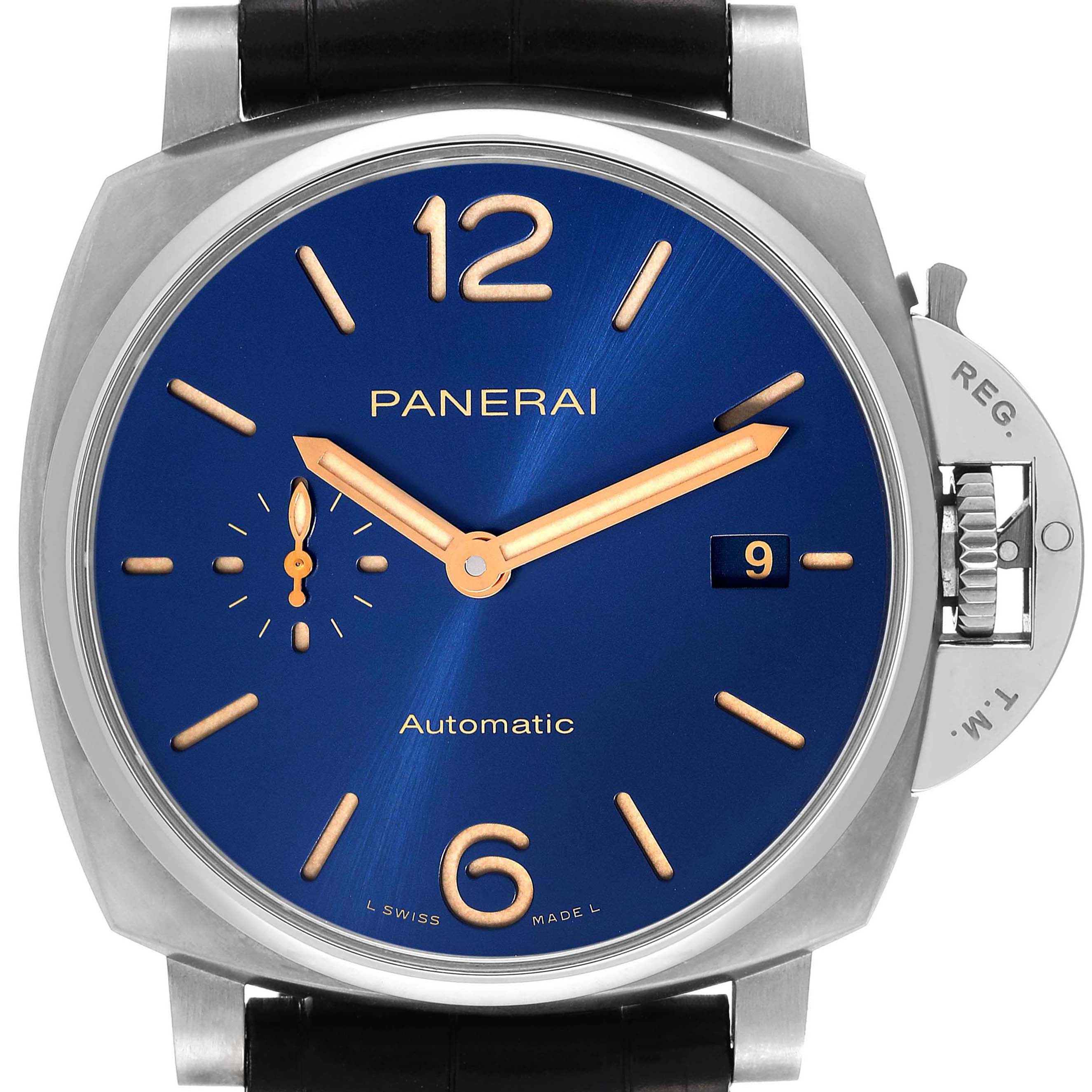 The image shows a front view of a Panerai Luminor Due PAM00927 Men's Titanium Blue Dial PAM00927 Men's Titanium Blue Dial watch with a blue dial and a date indicator.
