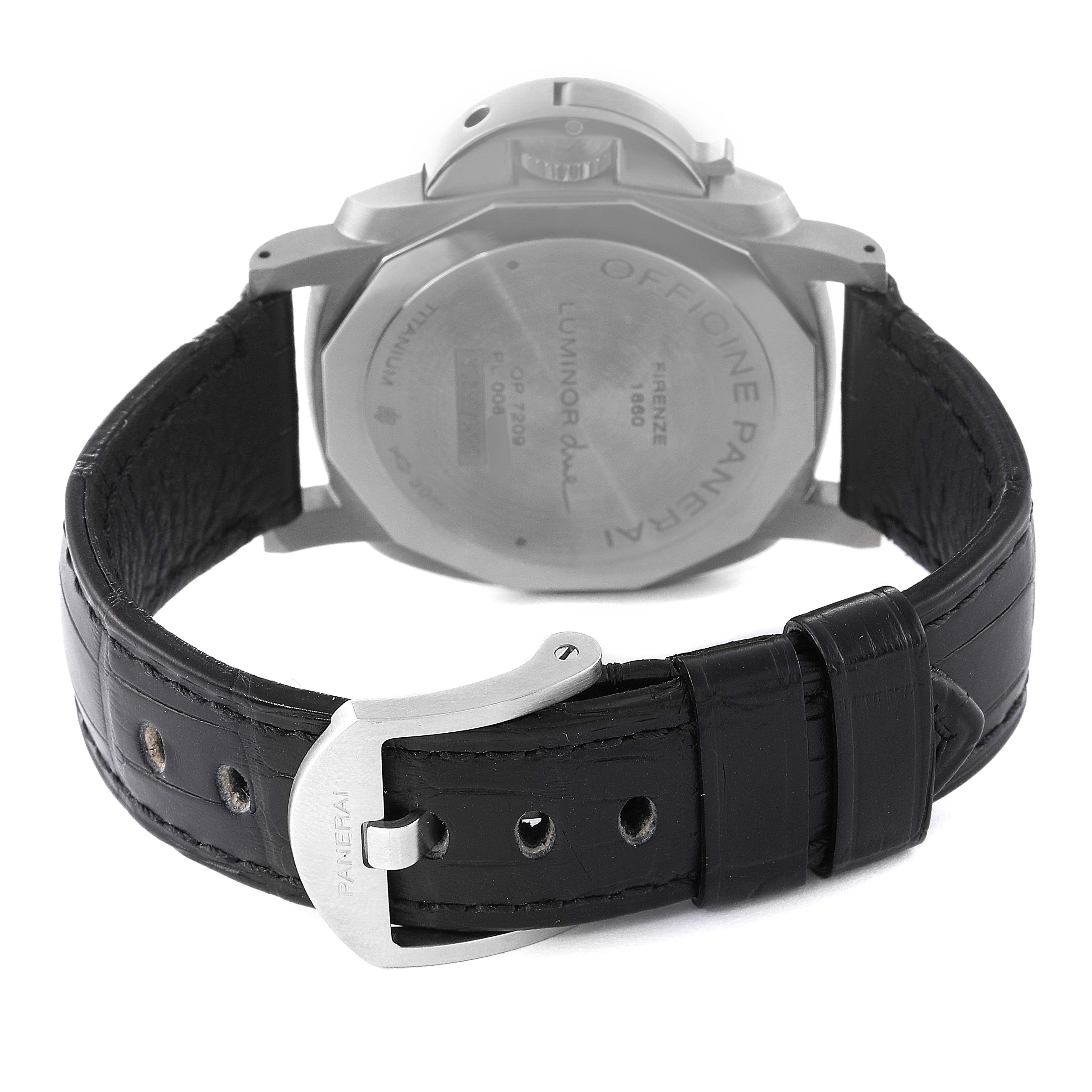 The image shows the backside of a Panerai Luminor Due PAM00927 Men's Titanium Blue Dial PAM00927 Men's Titanium Blue Dial watch, highlighting the case back, black leather strap, and buckle.