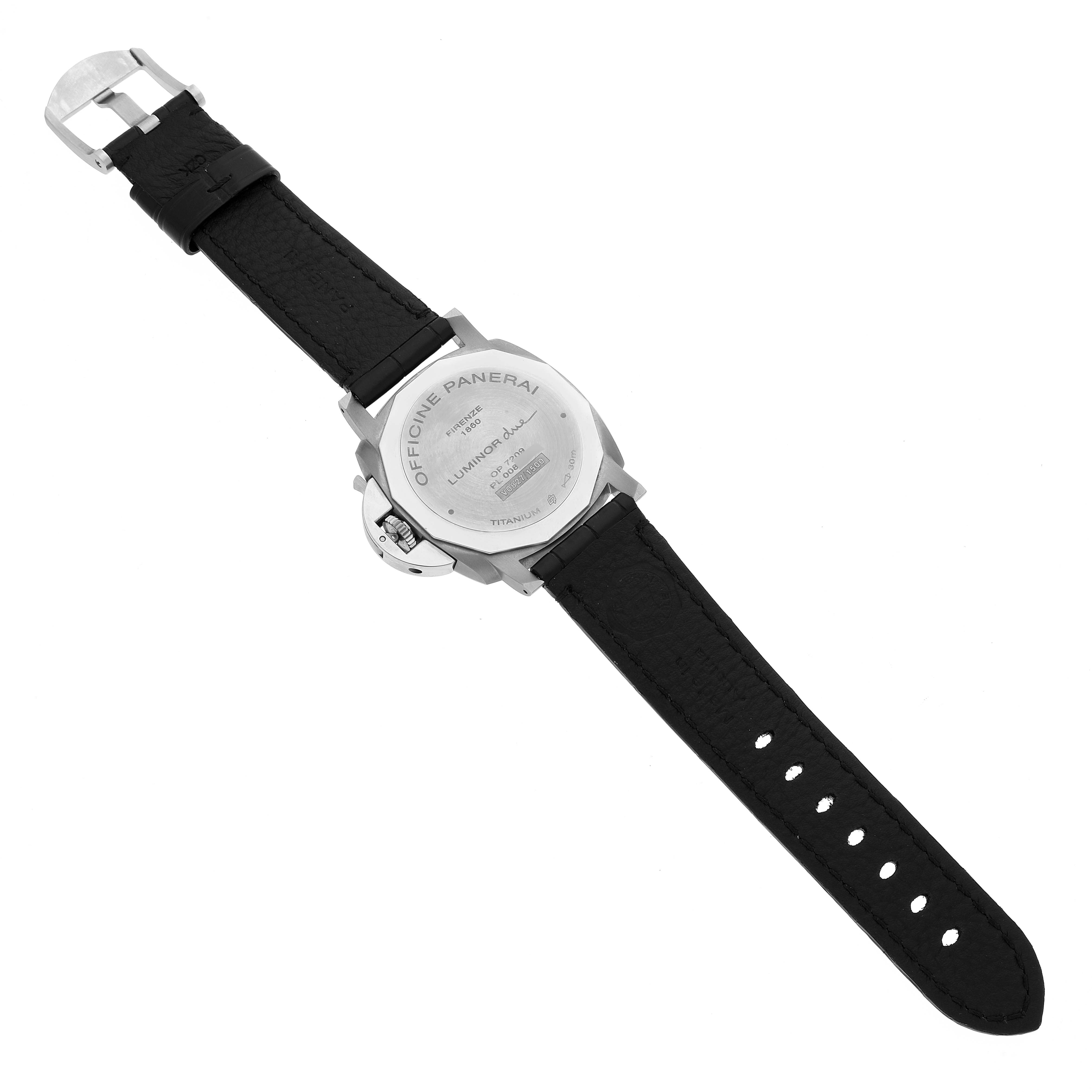 The image displays the back view of a Panerai Luminor Due PAM00927 Men's Titanium Blue Dial PAM00927 Men's Titanium Blue Dial watch, showing the case back, strap, and buckle.