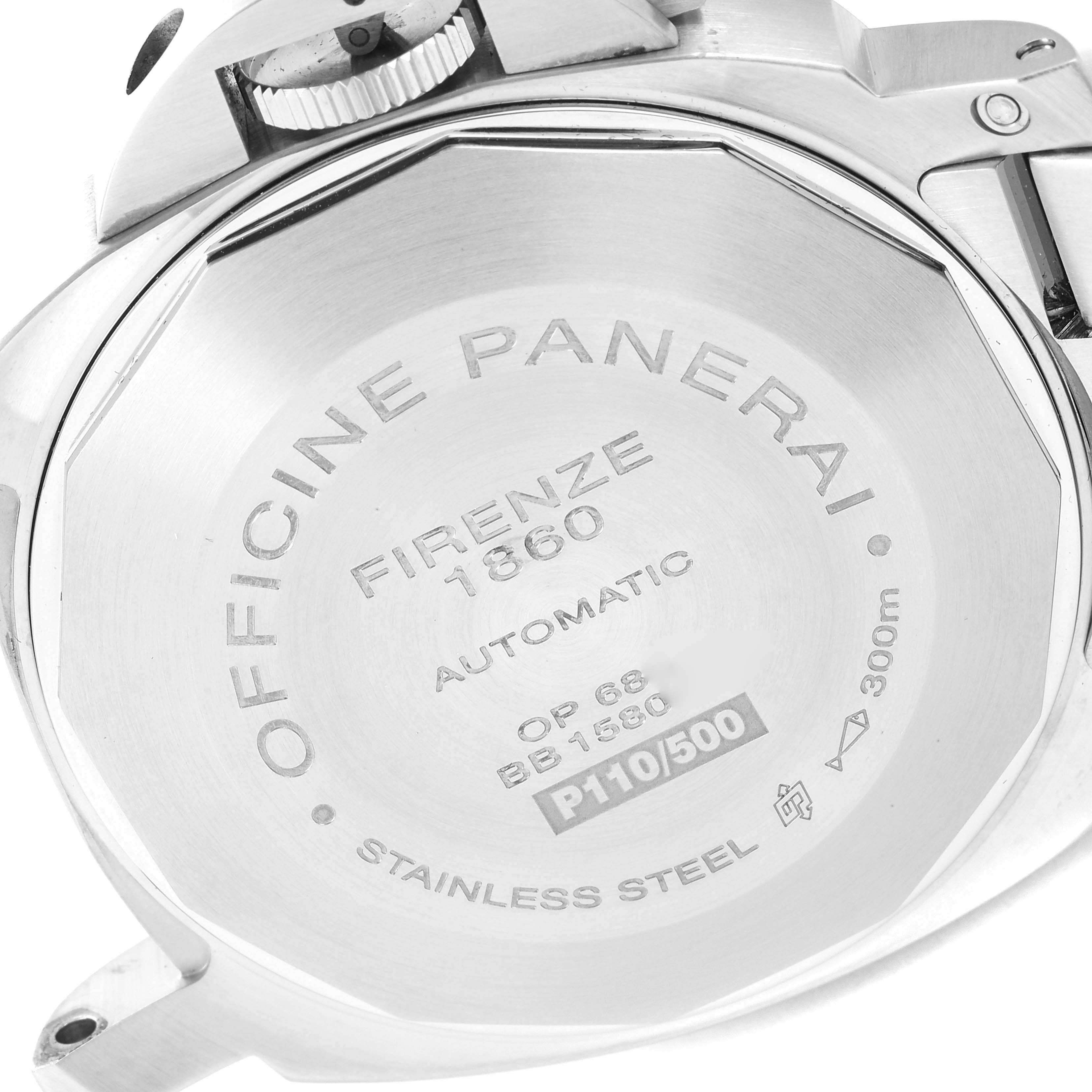 This image shows the back case of a Panerai Luminor PAM00299 Men
s Stainless Steel Black Dial PAM00299 Men
s Stainless Steel Black Dial watch, highlighting its engravings and stainless steel build.