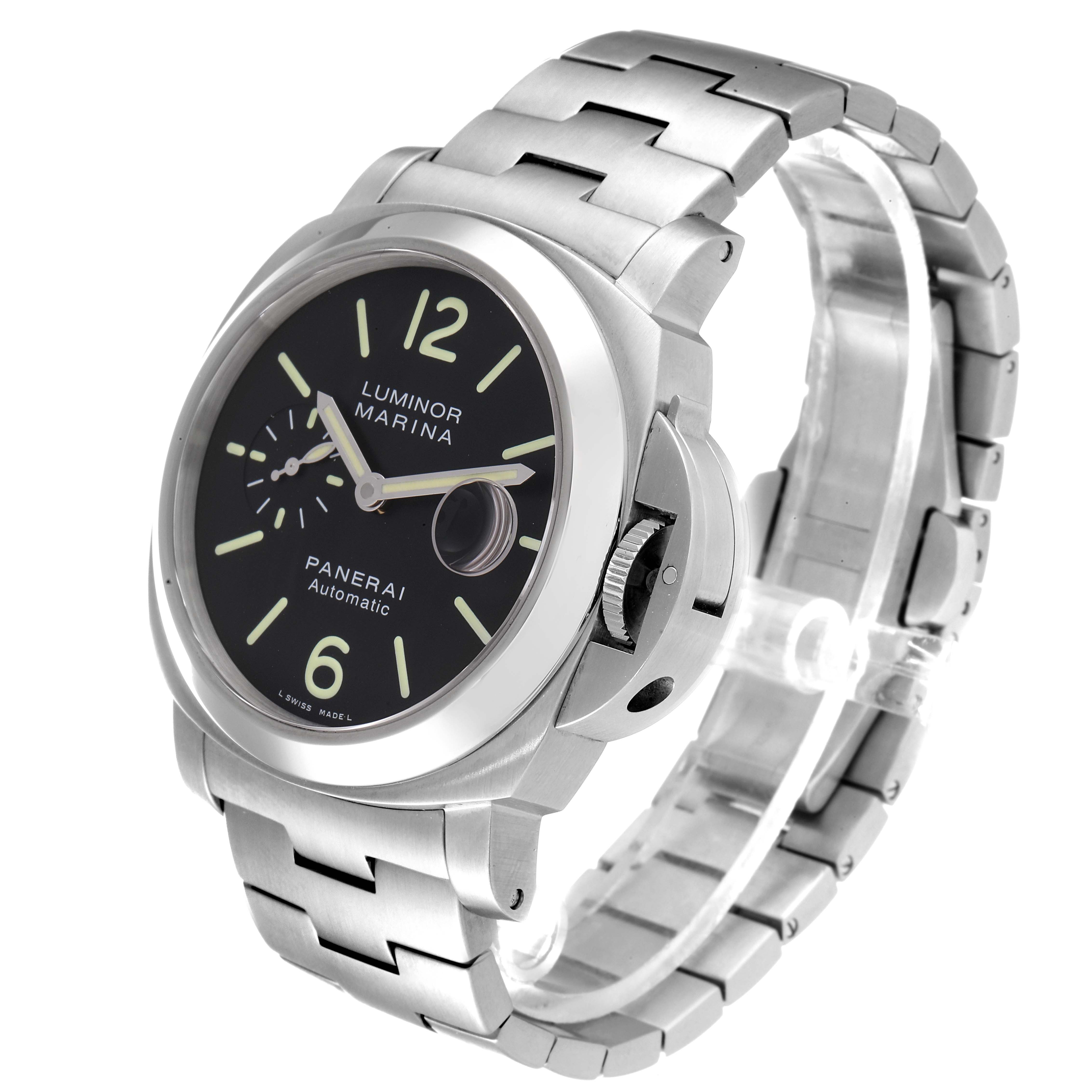 The image shows a Panerai Luminor PAM00299 Men
s Stainless Steel Black Dial PAM00299 Men
s Stainless Steel Black Dial Marina watch at an angle highlighting the dial, case, crown guard, and metal bracelet.