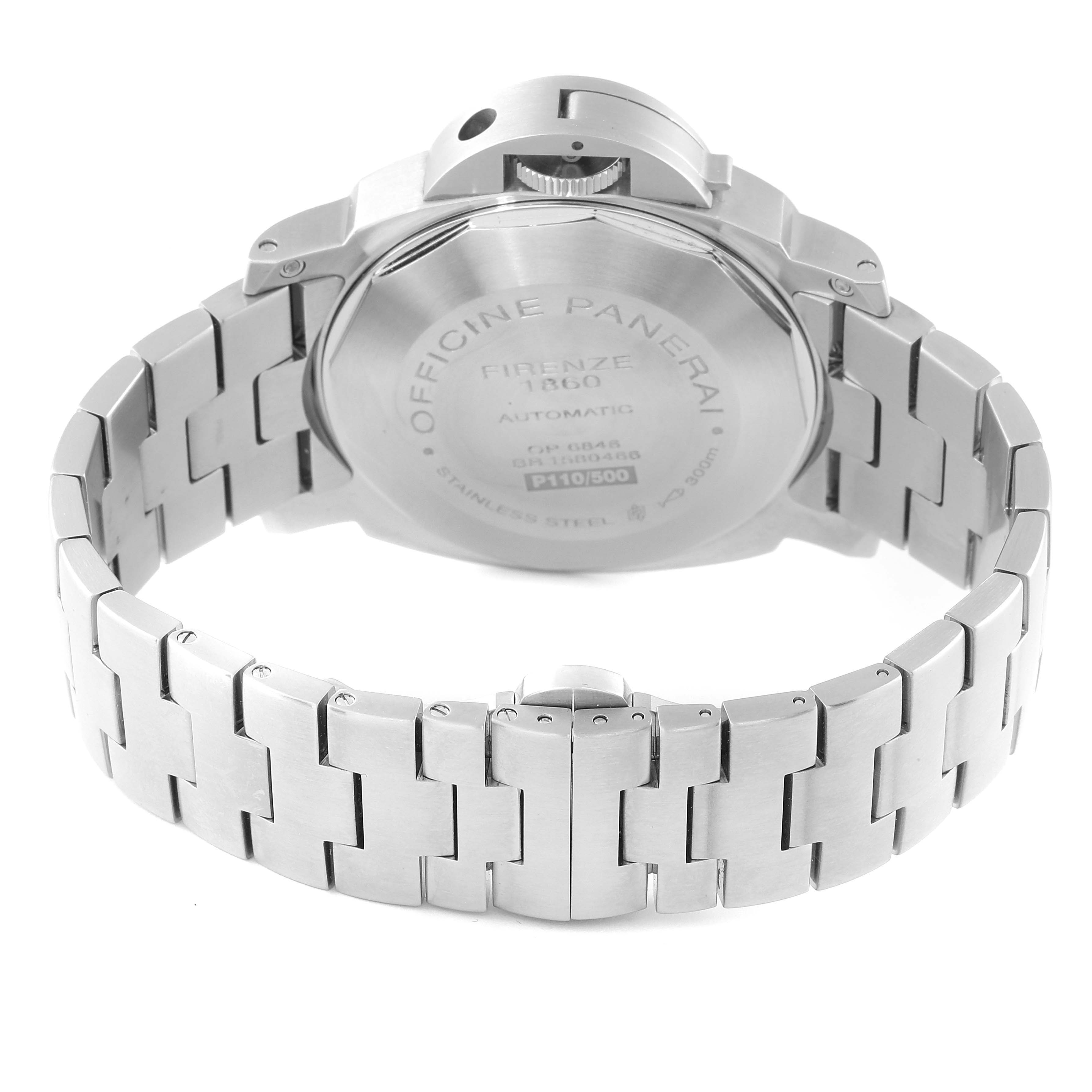 The image shows the back of a Panerai Luminor PAM00299 Men
s Stainless Steel Black Dial PAM00299 Men
s Stainless Steel Black Dial watch, highlighting its stainless steel case and bracelet.