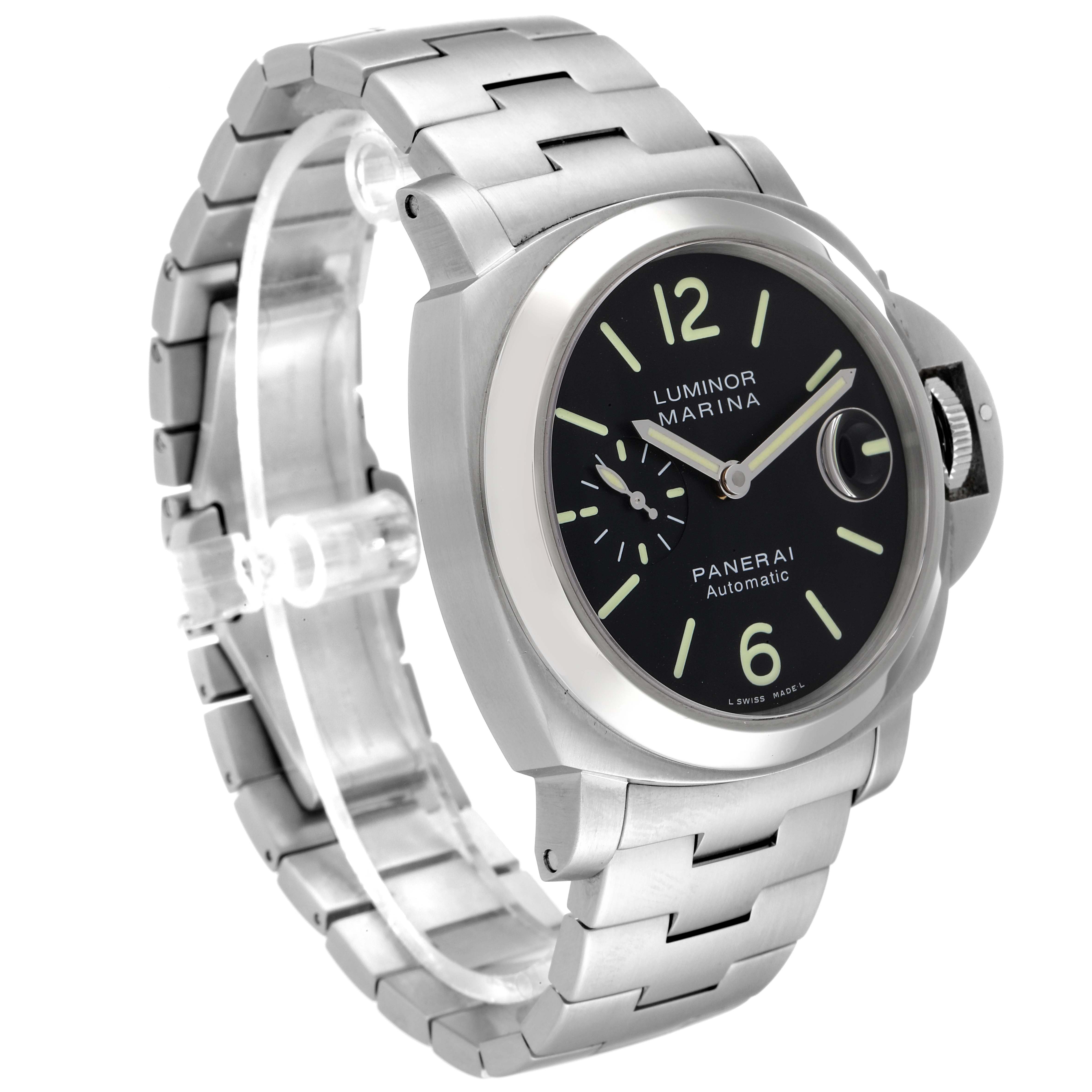 The Panerai Luminor PAM00299 Men
s Stainless Steel Black Dial PAM00299 Men
s Stainless Steel Black Dial watch is shown from a three-quarter angle, displaying its face, dial, case, and band.