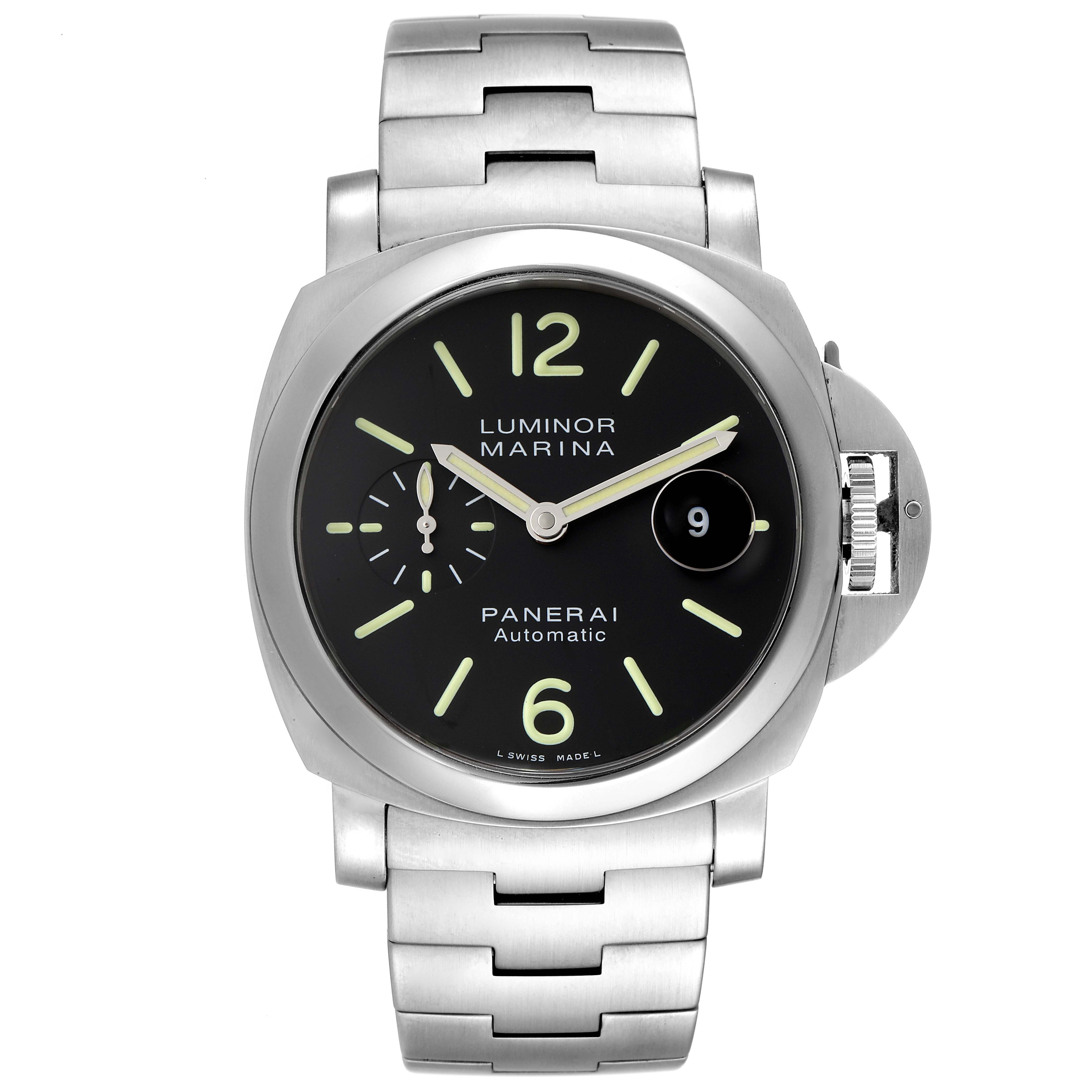 The image shows a front view of a Panerai Luminor PAM00299 Men
s Stainless Steel Black Dial PAM00299 Men
s Stainless Steel Black Dial Marina watch, highlighting its face, bracelet, and unique crown guard.
