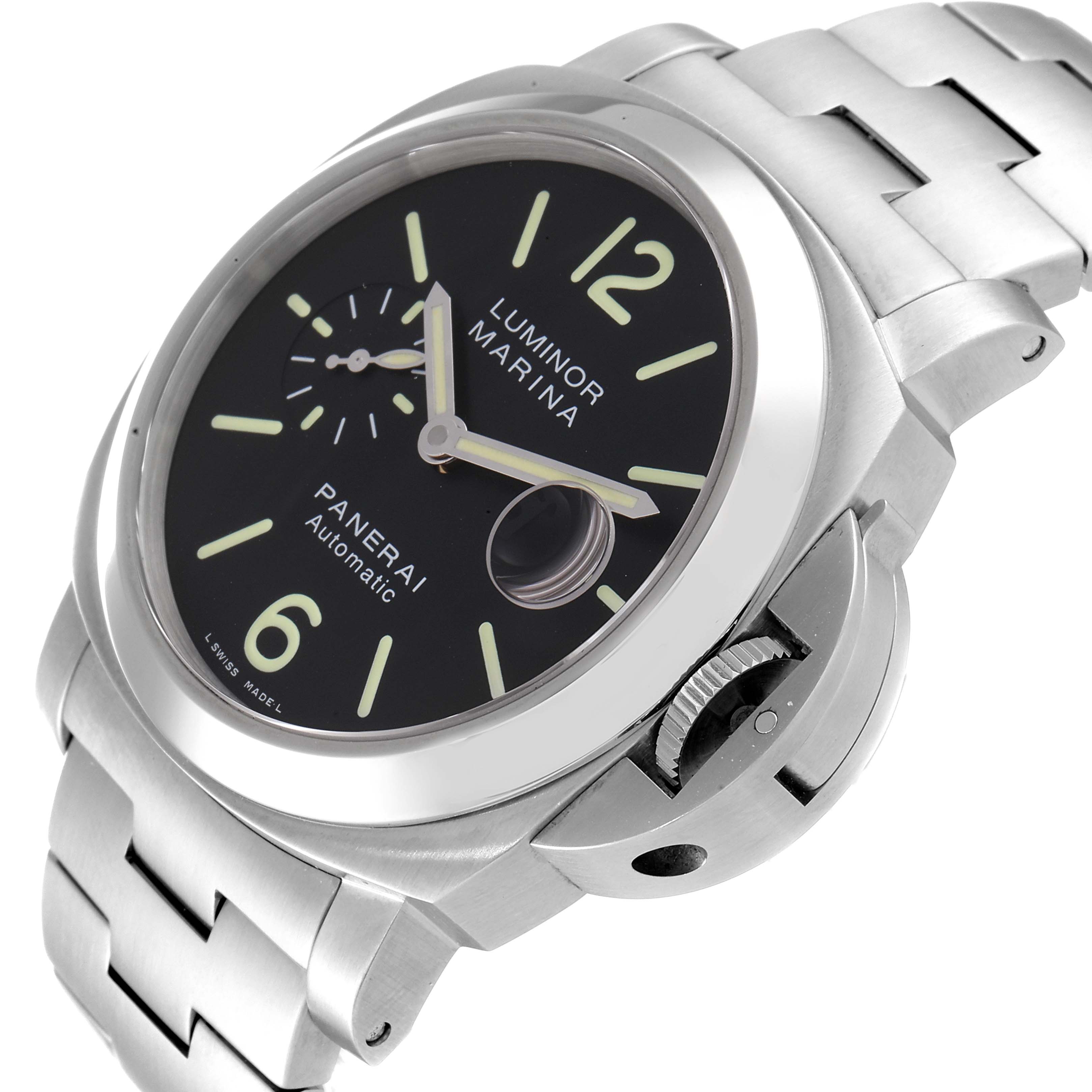 This image shows a Panerai Luminor PAM00299 Men
s Stainless Steel Black Dial PAM00299 Men
s Stainless Steel Black Dial model watch from an angled view, highlighting the dial, case, crown, and bracelet.