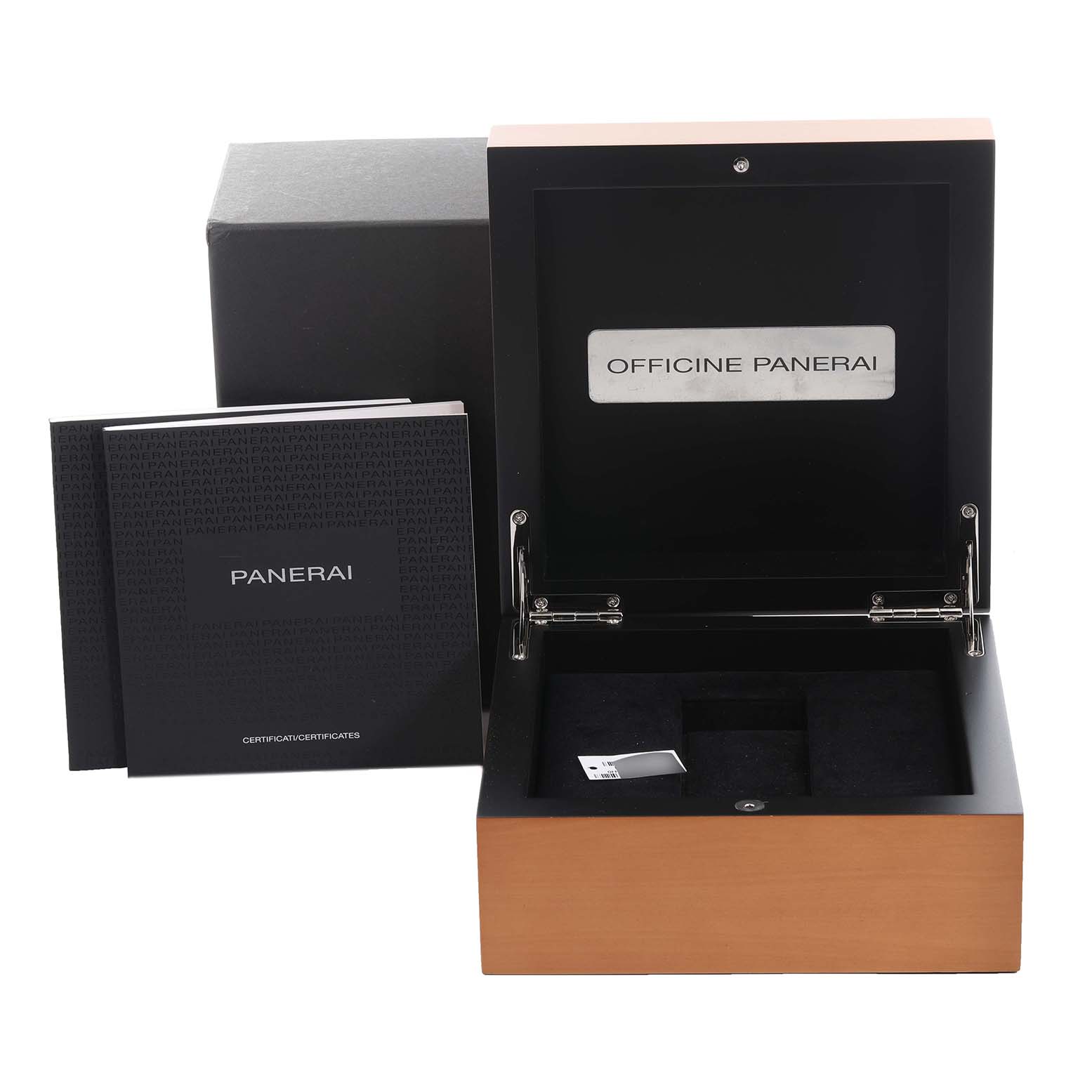 The image shows a Panerai Luminor PAM00616 Men's Ceramic Black Dial PAM00616 Men's Ceramic Black Dial watch box, open, with certificates and a tag visible.