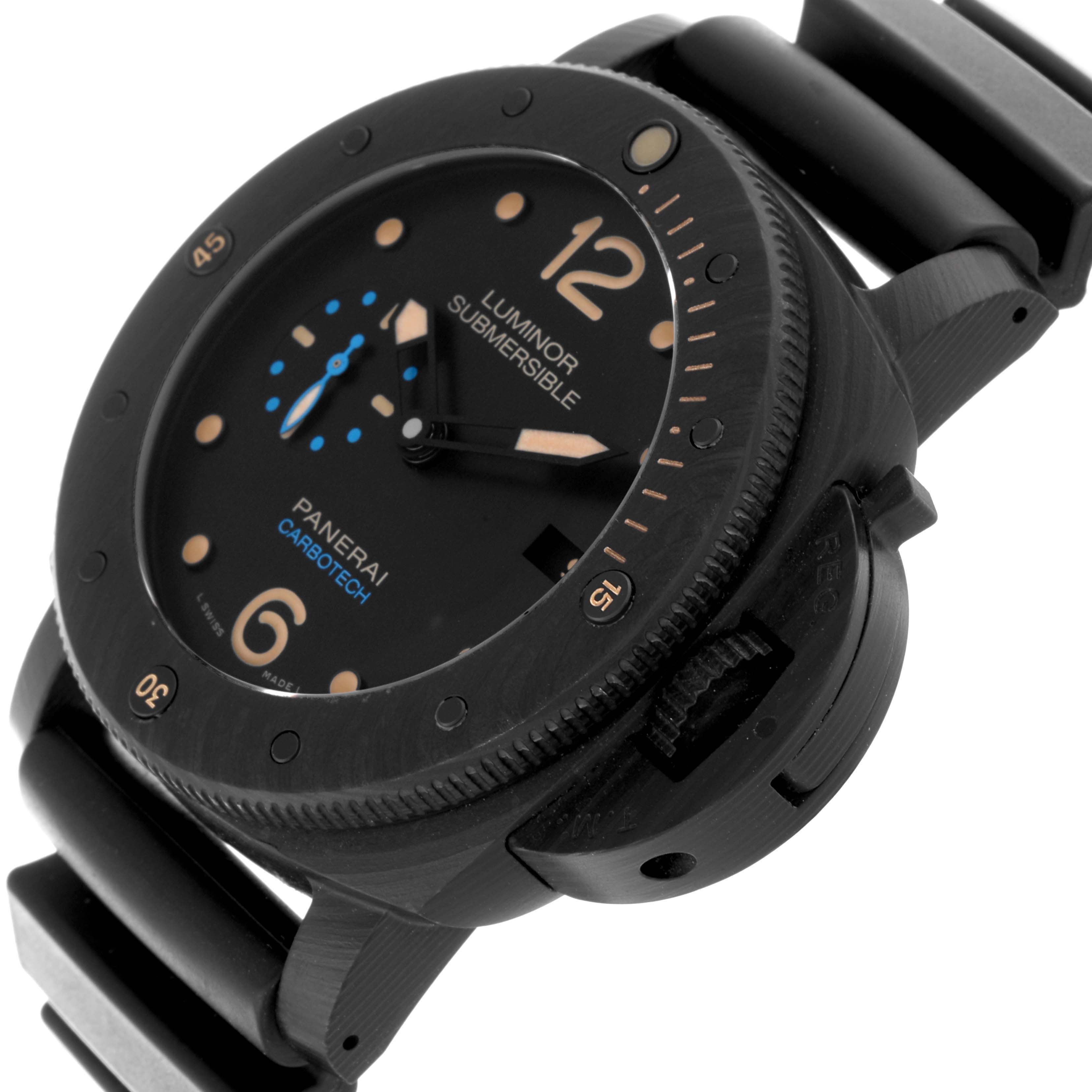 The Panerai Luminor PAM00616 Men's Ceramic Black Dial PAM00616 Men's Ceramic Black Dial watch is shown at an angled view, highlighting the dial, bezel, crown guard, and bracelet.