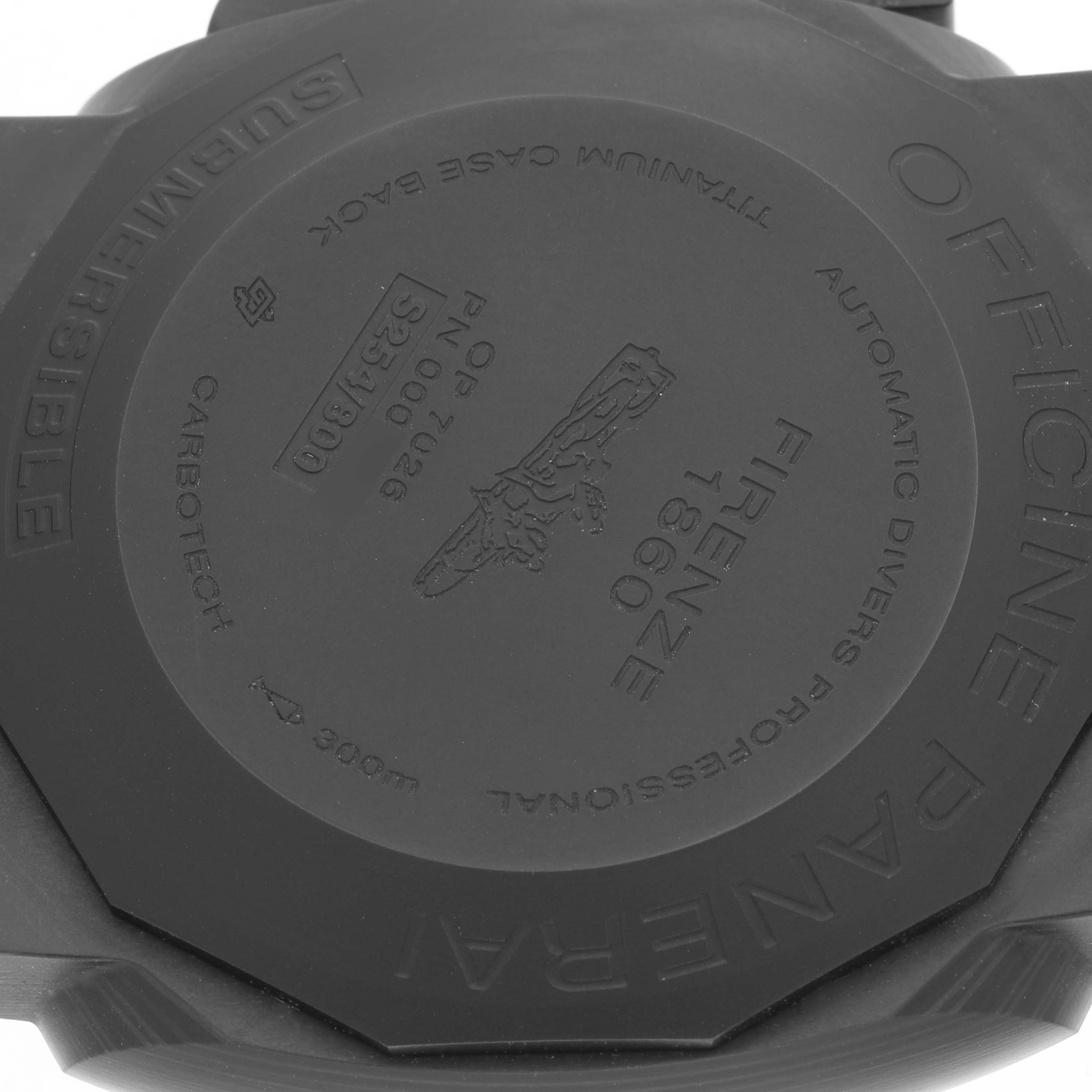 The image shows the back case of a Panerai Luminor PAM00616 Men's Ceramic Black Dial PAM00616 Men's Ceramic Black Dial watch, featuring engraved text and a logo.