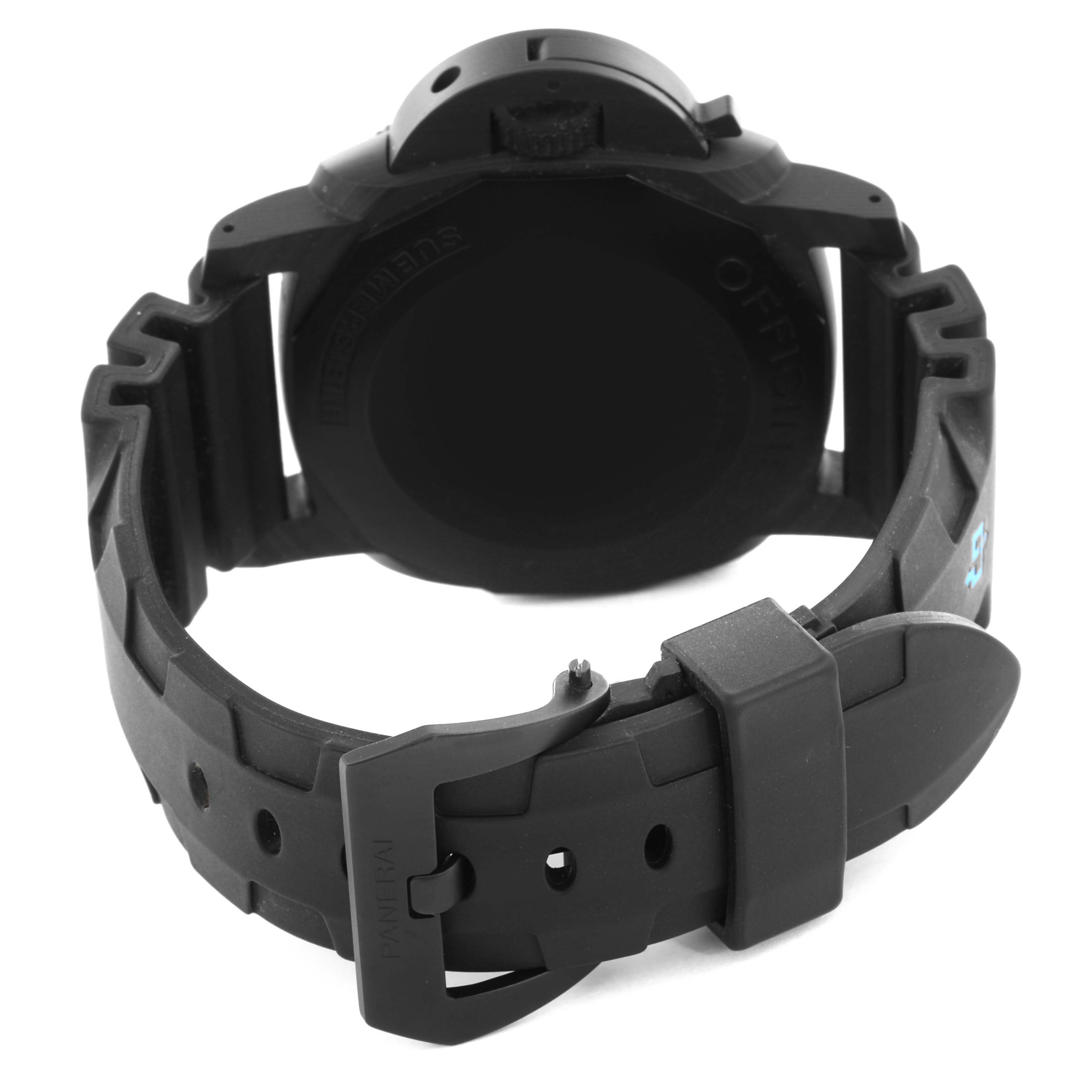 The image shows the back view of a Panerai Luminor PAM00616 Men's Ceramic Black Dial PAM00616 Men's Ceramic Black Dial model, highlighting the black case and rubber strap with clasp.