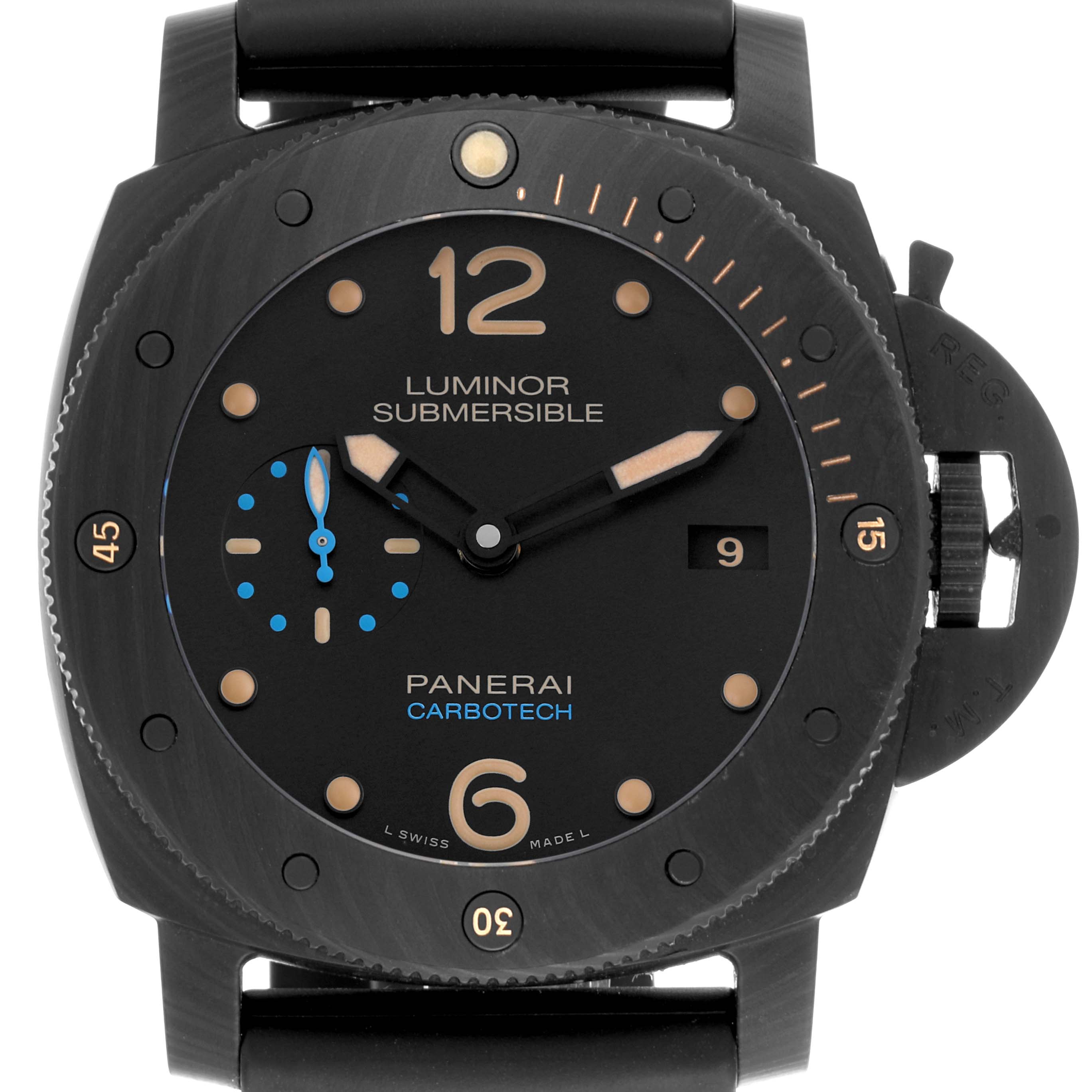 The image shows a front view of the Panerai Luminor PAM00616 Men's Ceramic Black Dial PAM00616 Men's Ceramic Black Dial Submersible watch, highlighting the dial, bezel, and crown guard.