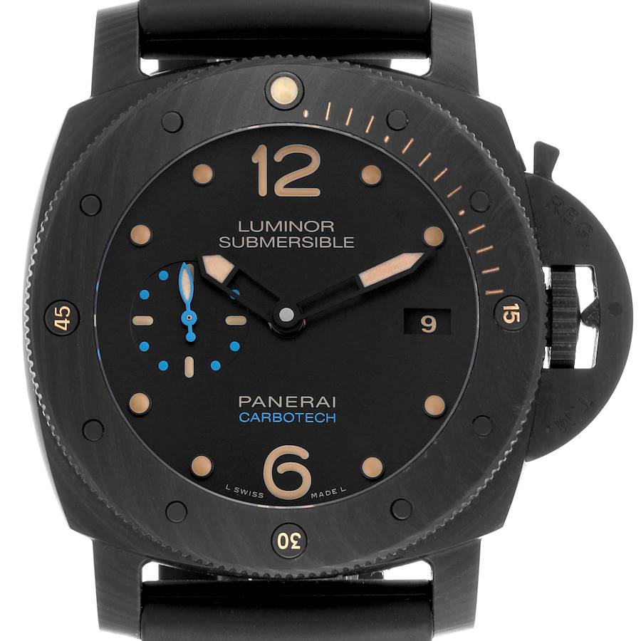 The image shows a front view of the Panerai Luminor Submersible watch, highlighting the dial, bezel, and crown guard.