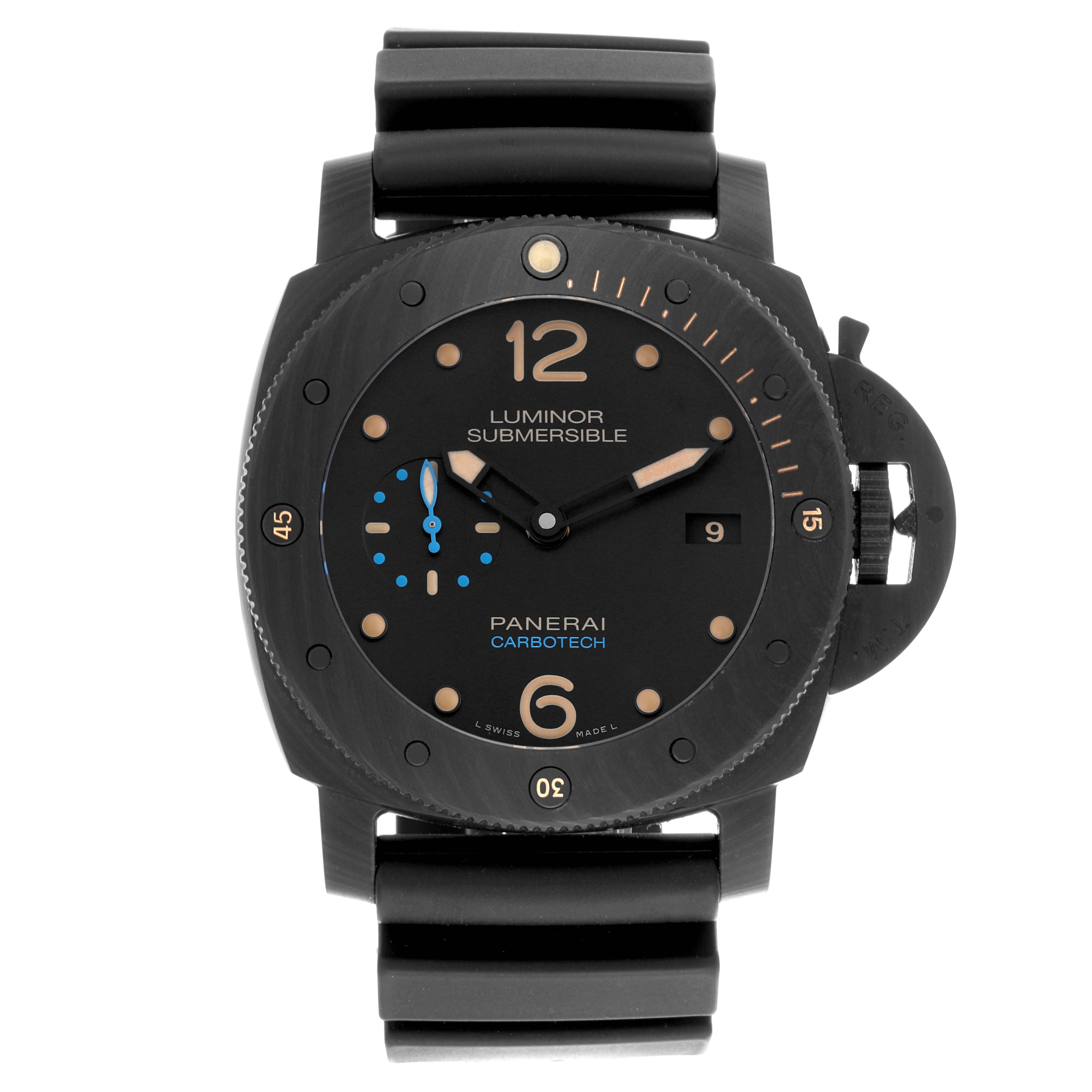 The Panerai Luminor PAM00616 Men's Ceramic Black Dial PAM00616 Men's Ceramic Black Dial watch is shown from the front, displaying the dial, bezel, and strap in full view.