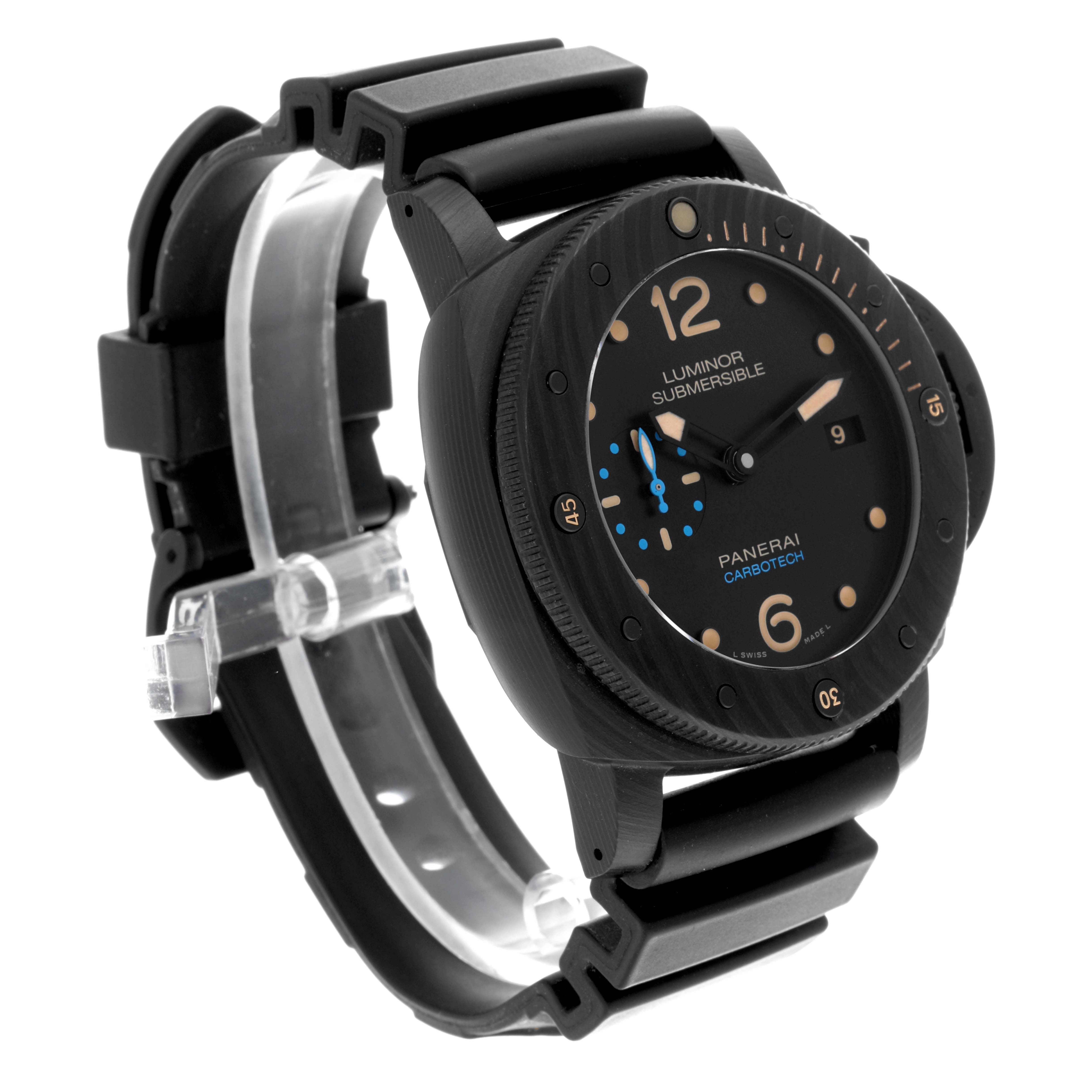 The Panerai Luminor PAM00616 Men's Ceramic Black Dial PAM00616 Men's Ceramic Black Dial watch is shown at a three-quarter angle, highlighting the face, bezel, and textured strap.