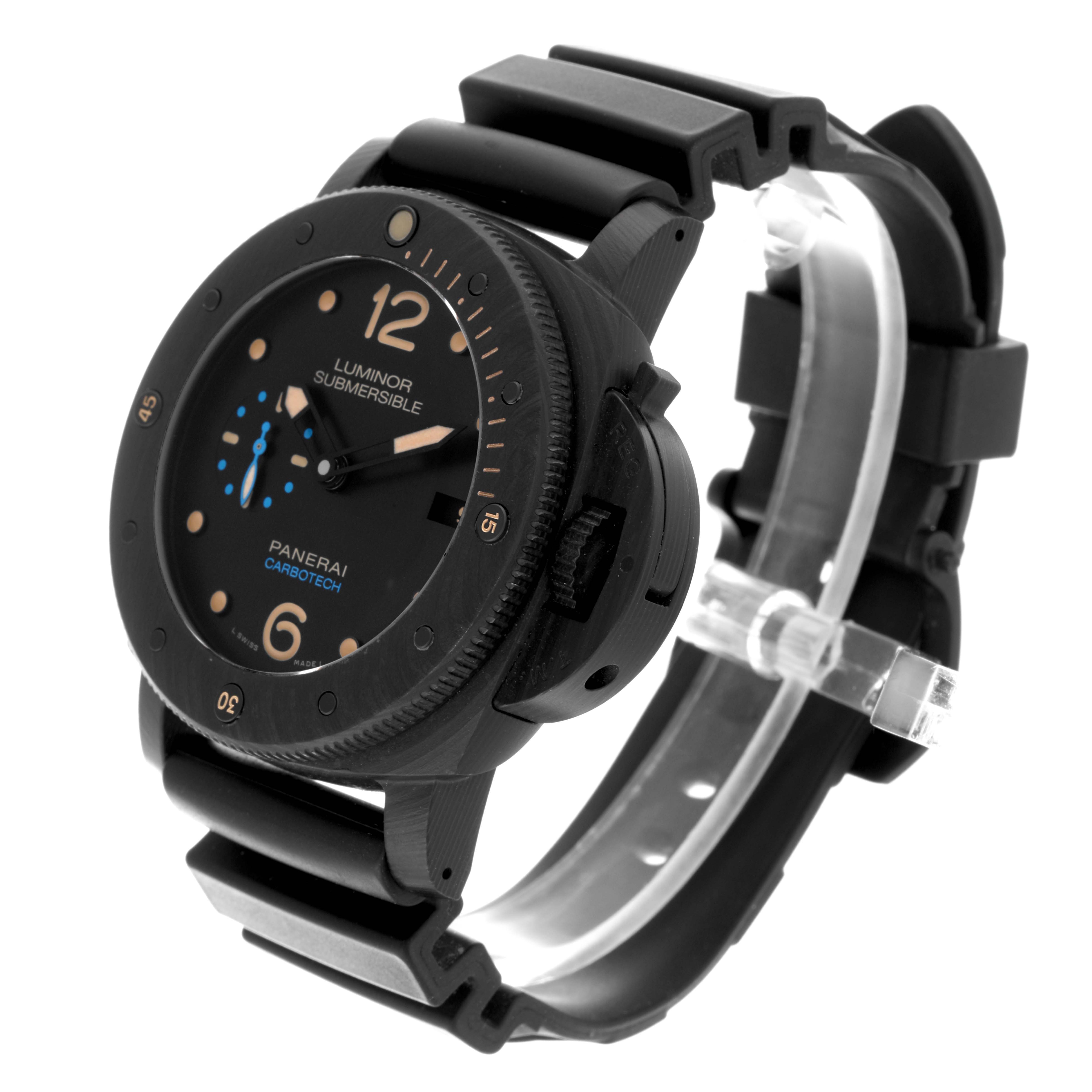 The Panerai Luminor PAM00616 Men's Ceramic Black Dial PAM00616 Men's Ceramic Black Dial model watch is shown at a three-quarter angle, displaying the face, case, and strap.