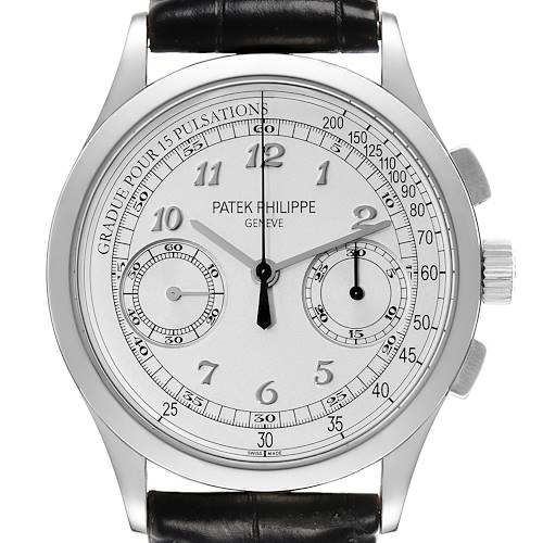 The Patek Philippe Complications 5170G-001 Men's White Gold Silver Dial watch is shown from the front, featuring its dial, subdials, and part of the strap.